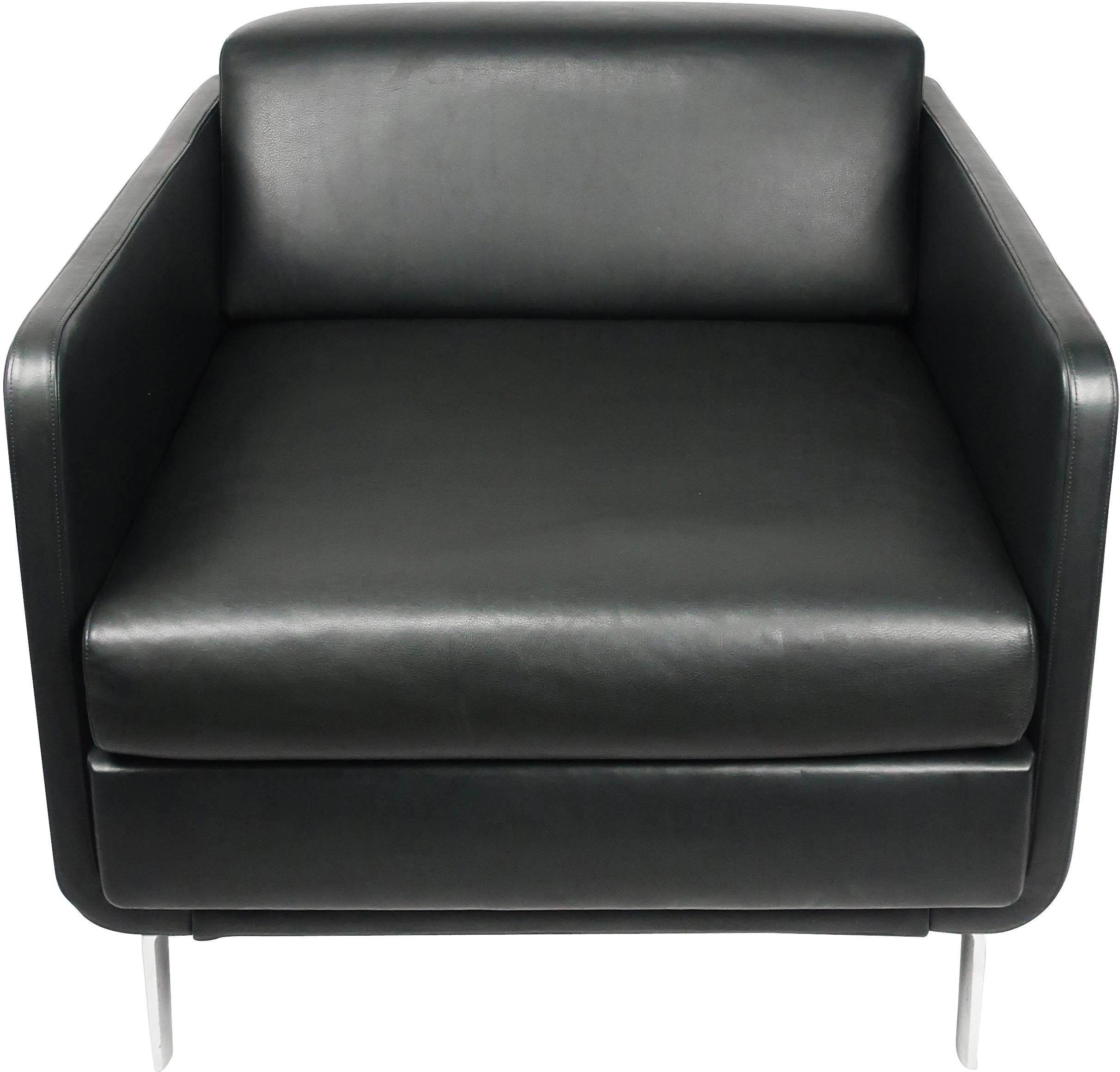 Designed by Arik Levy for Bernhardt Design with a wide seat, thin arms, and chrome legs, the Gaia 2202 arm chair is sophisticated, stylish, and comfortable. This black leather version was produced in 2010 and remains in great shape! 
 
 An Israeli