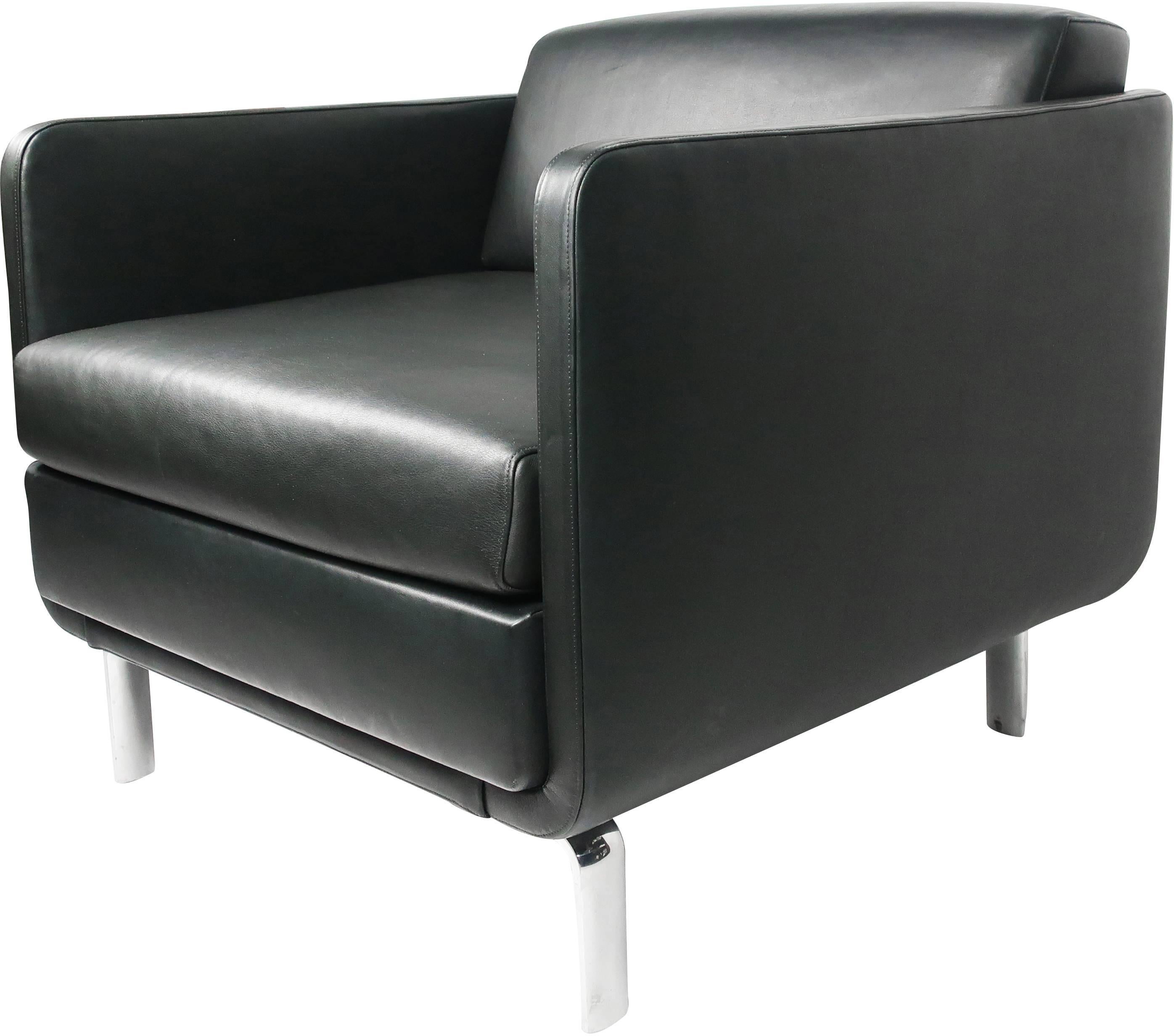 Designed by Arik Levy for Bernhardt Design with a wide seat, thin arms, and chrome legs, the Gaia 2202 arm chair is sophisticated, stylish, and comfortable. This black leather version was produced in 2010 and remains in great shape! Retails for over