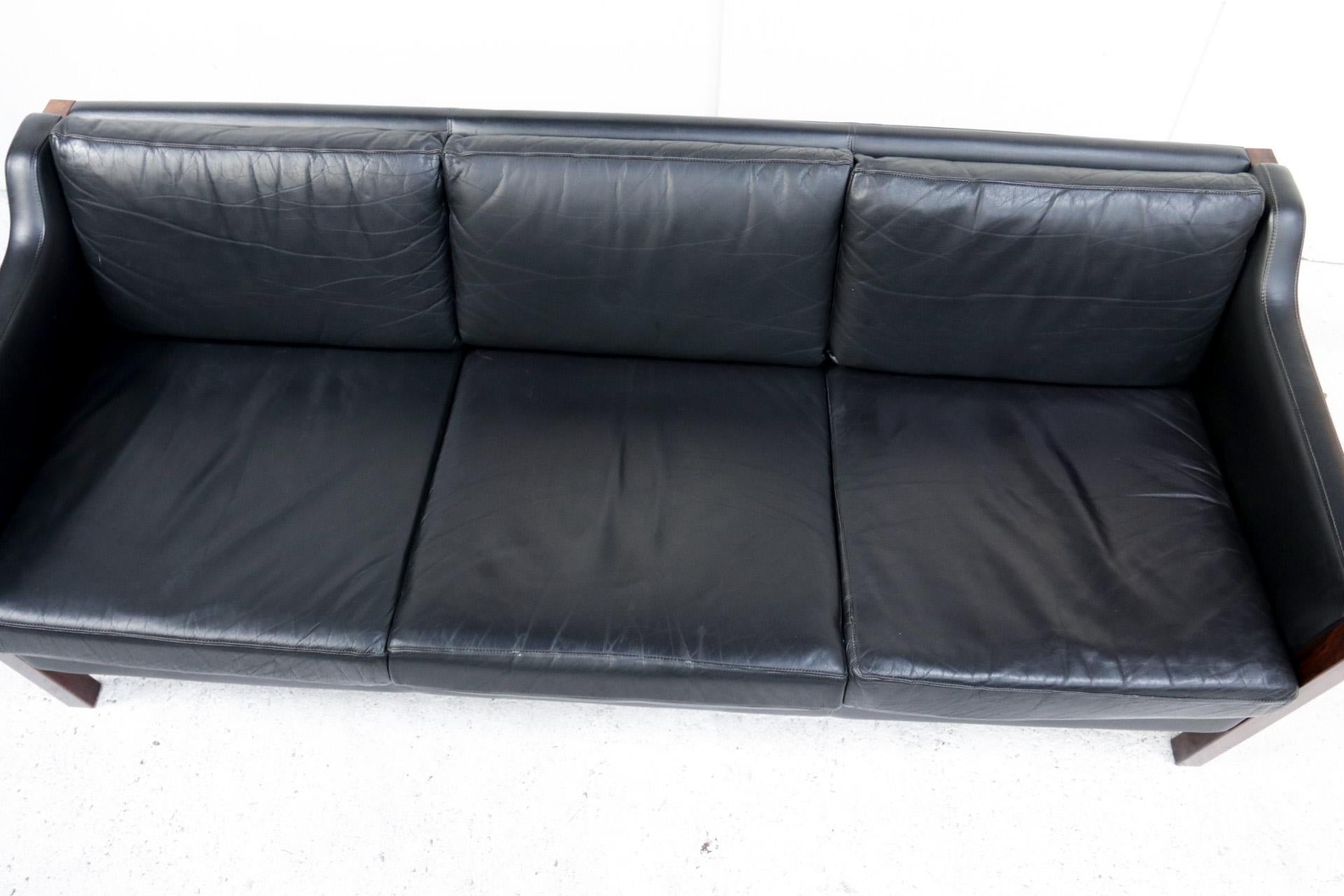 Dutch Black Leather Gelderland Three-Seat Sofa, 1960s