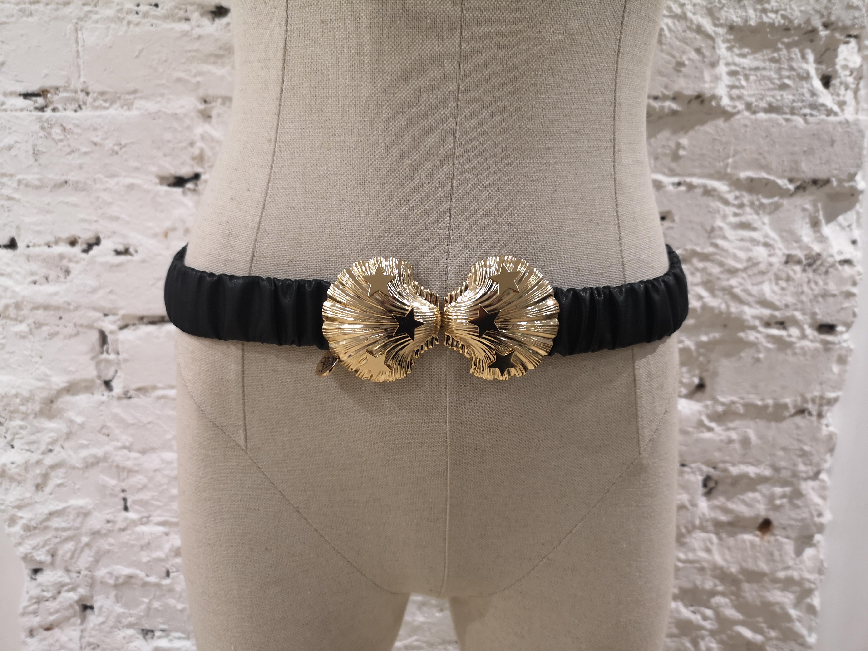 Women's Black leather gold buckle shell belt