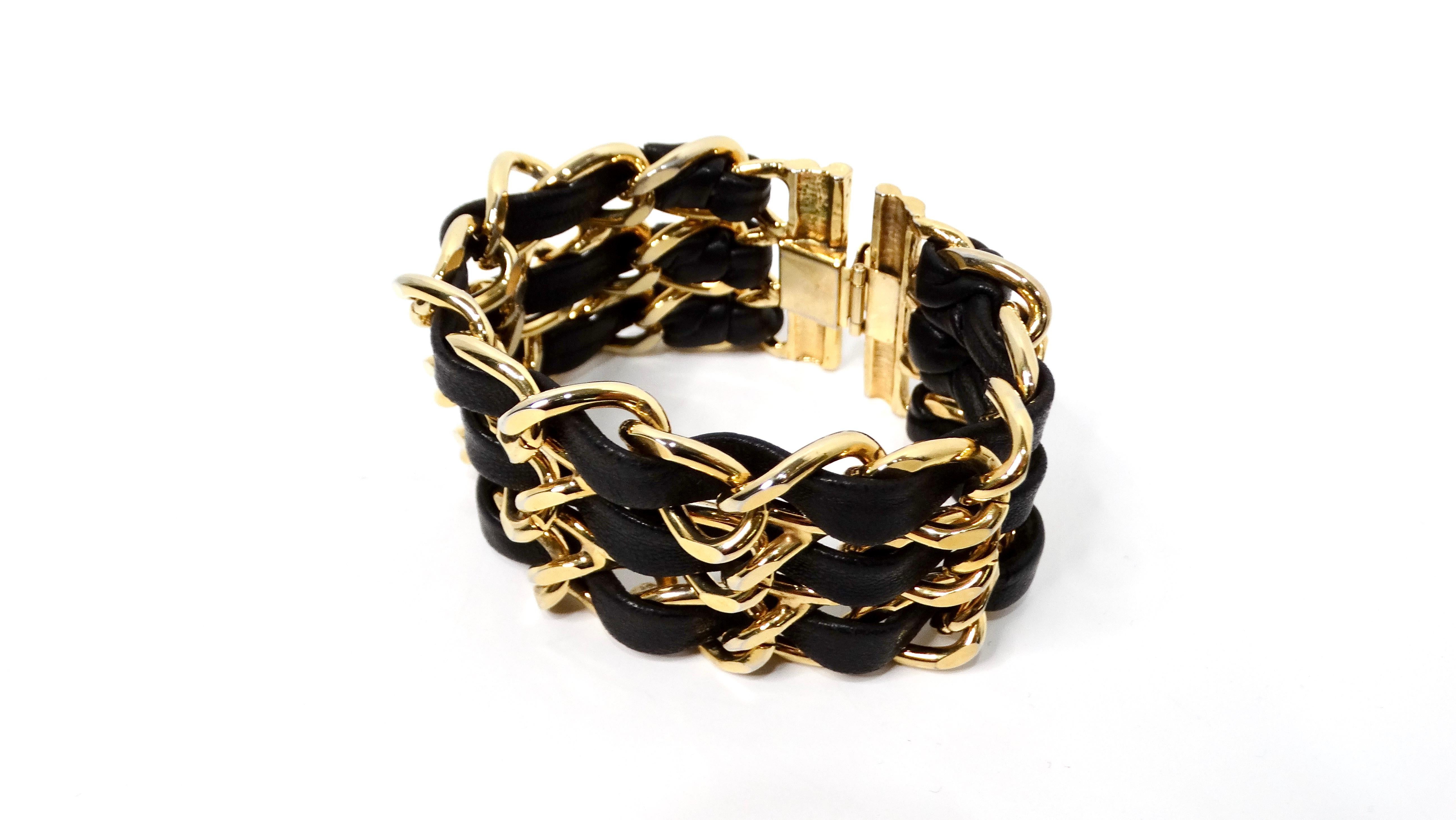 Black Leather & Gold-Tone Chain Link Cuff Bracelet circa 1990s In Good Condition For Sale In Scottsdale, AZ
