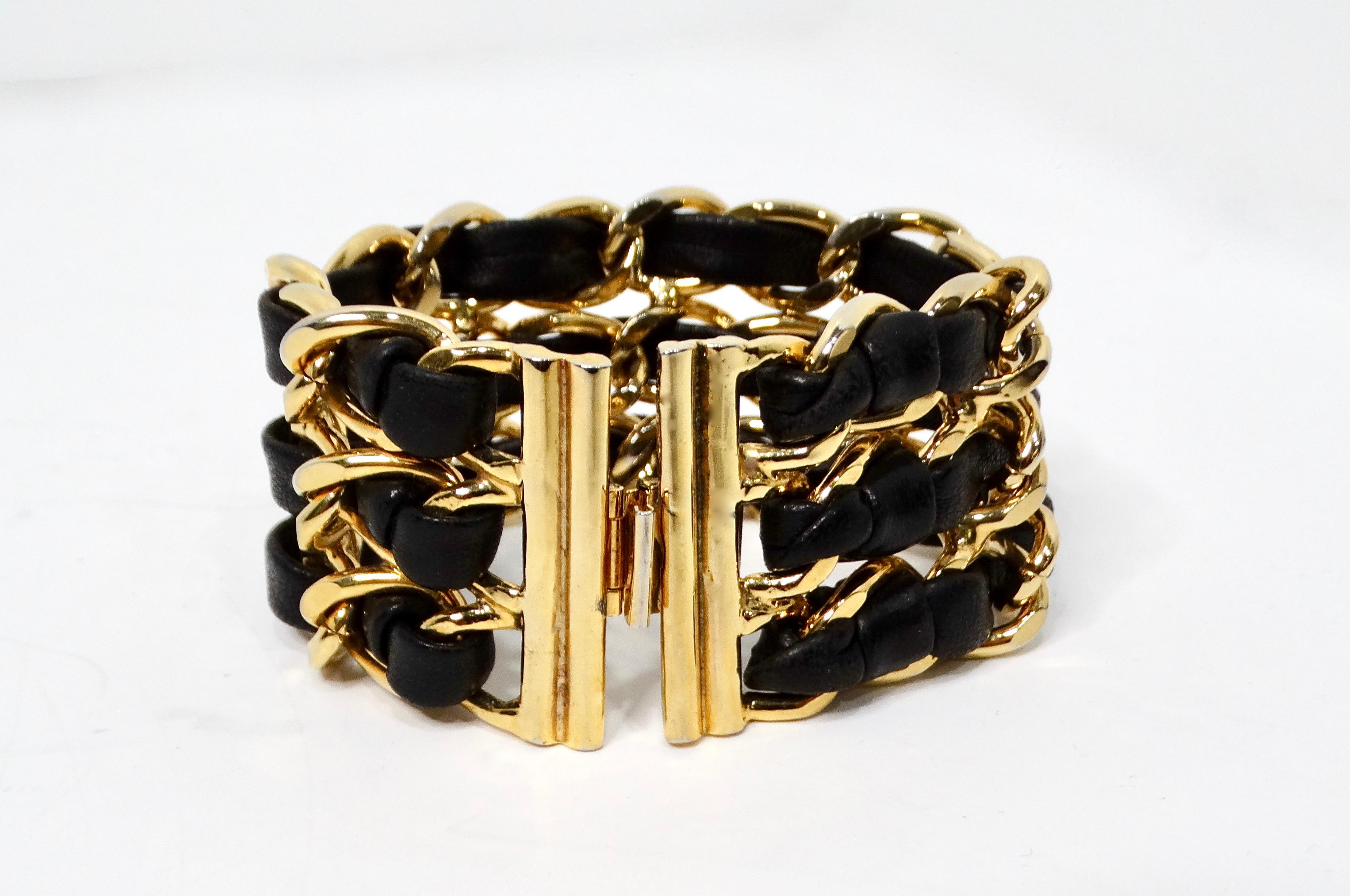 Women's Black Leather & Gold-Tone Chain Link Cuff Bracelet circa 1990s For Sale