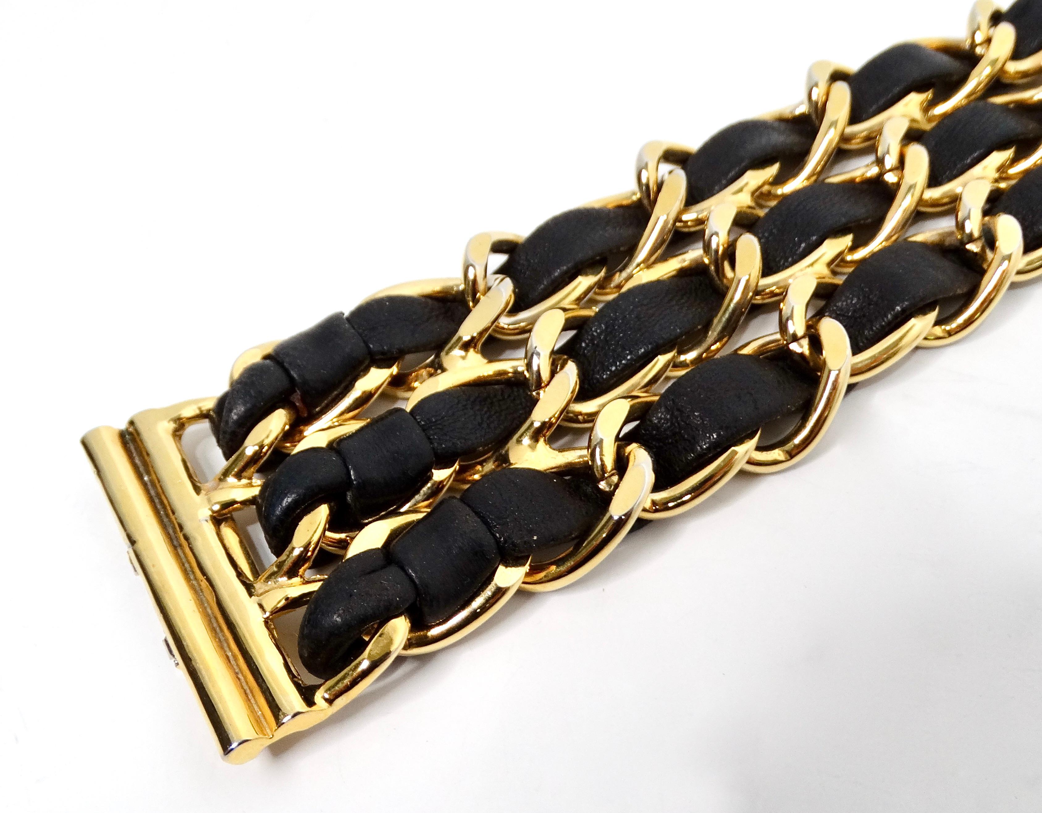 Black Leather & Gold-Tone Chain Link Cuff Bracelet circa 1990s For Sale 1