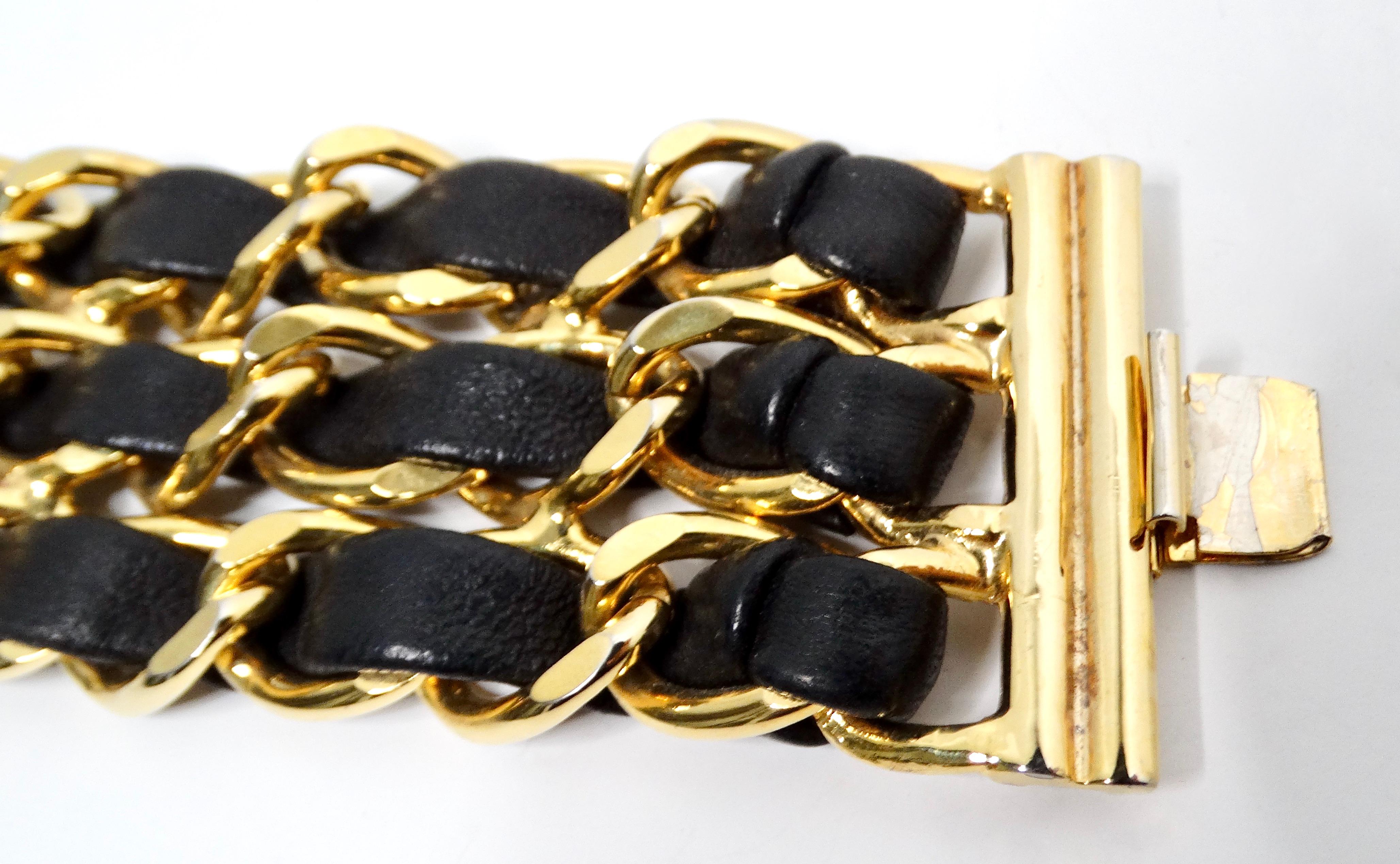 Black Leather & Gold-Tone Chain Link Cuff Bracelet circa 1990s For Sale 2