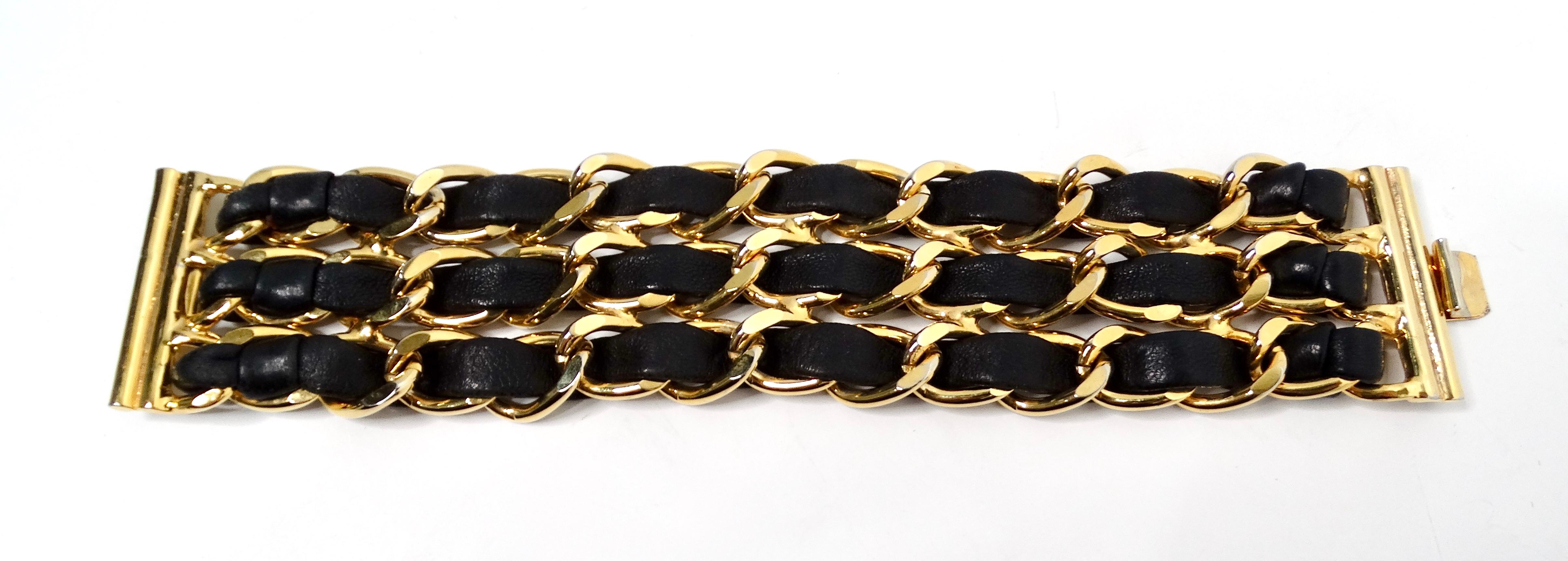 Black Leather & Gold-Tone Chain Link Cuff Bracelet circa 1990s For Sale 3
