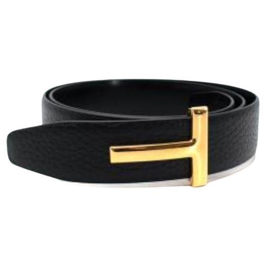 Black leather gold-tone metal T Buckle belt 75 For Sale