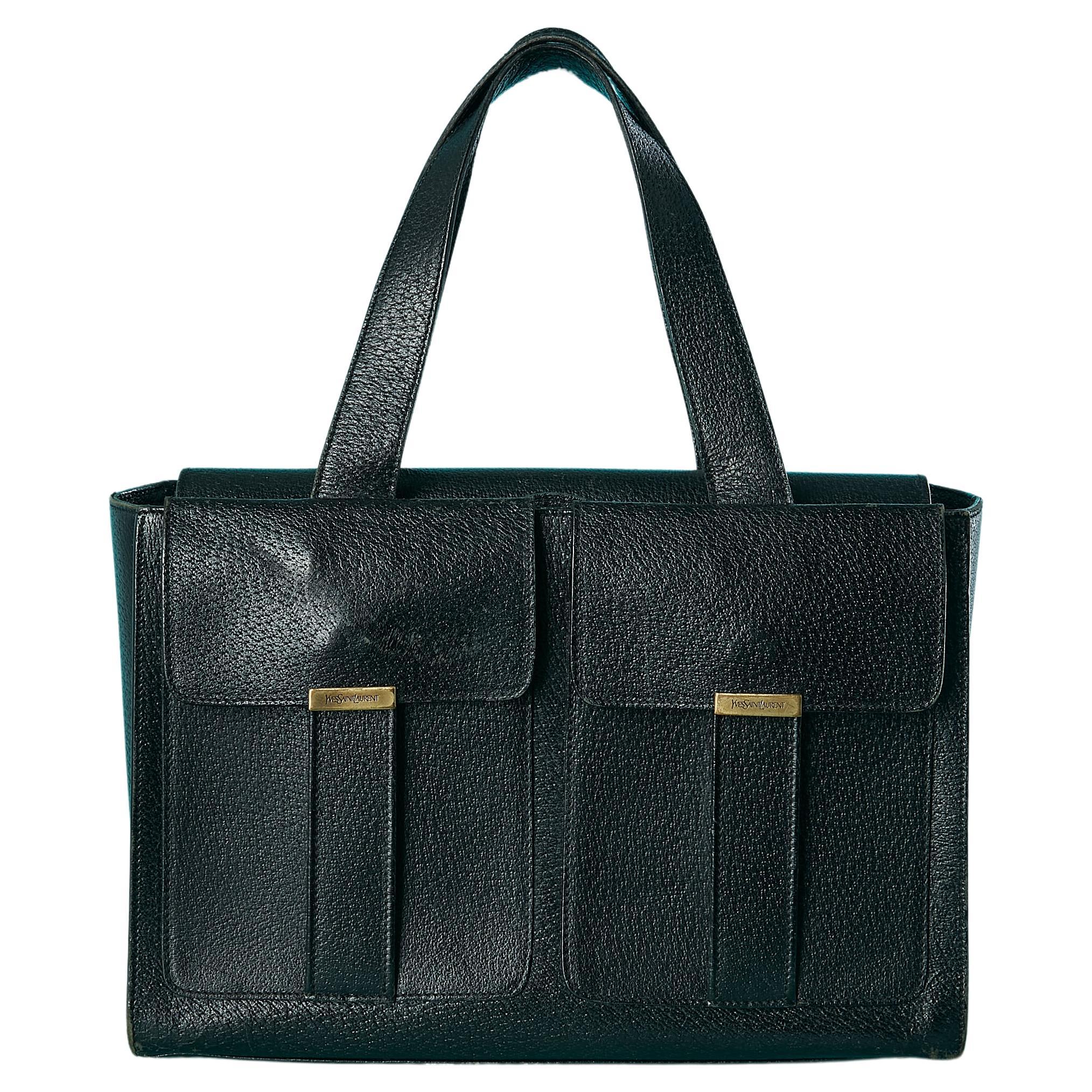 Black leather hand bag with 2 front pockets Yves Saint Laurent  For Sale
