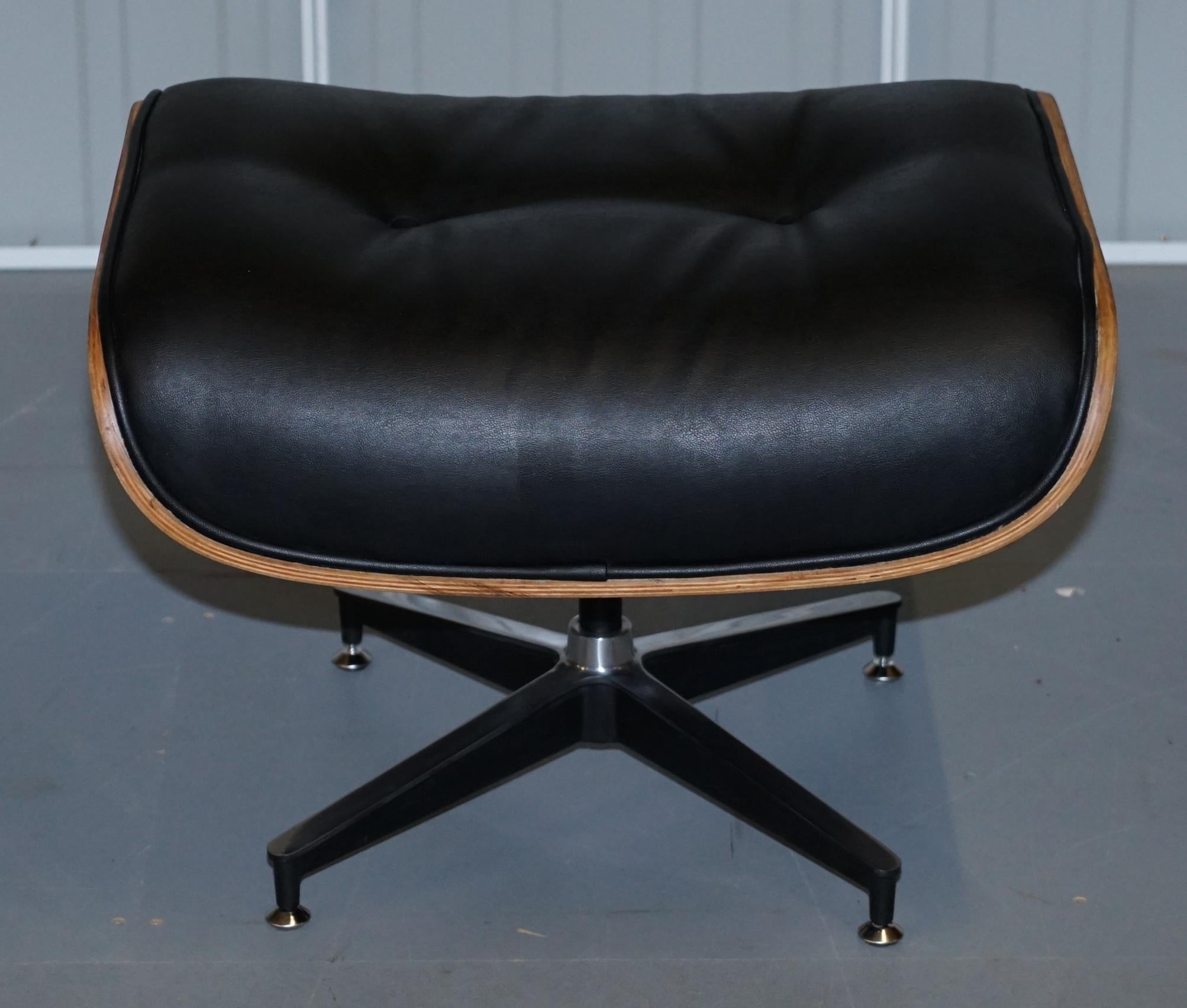We are delighted to offer for auction this nice black leather footstool with hardwood veneer frame and chrome base ottoman footstool

To be used with lounge chairs, its been floating around my warehouse for years as we had lost the bolts that fit