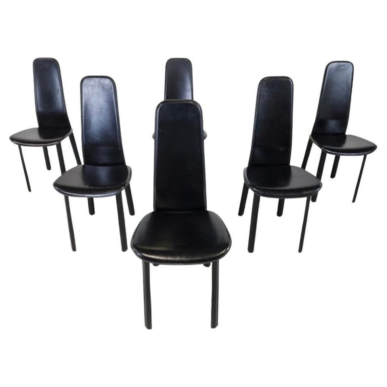 Black Leather High Back Unique Dining Chairs by Cidue 1980s, Set of 6 For Sale at 1stDibs