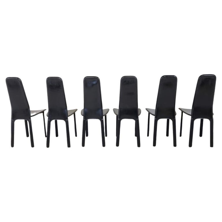 Black Leather High Back Unique Dining Chairs by Cidue 1980s, Set of 6 For Sale at 1stDibs