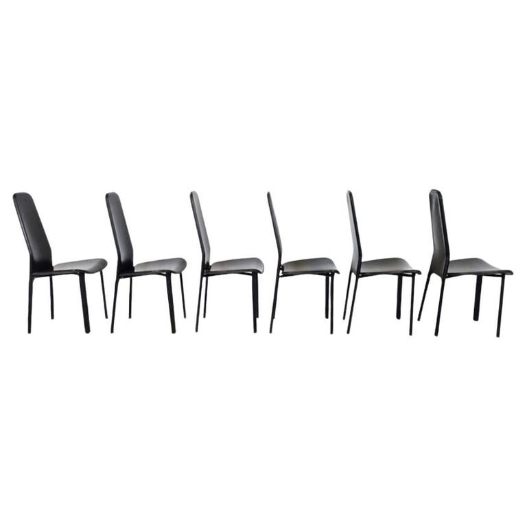 Black Leather High Back Unique Dining Chairs by Cidue 1980s, Set of 6 For Sale at 1stDibs