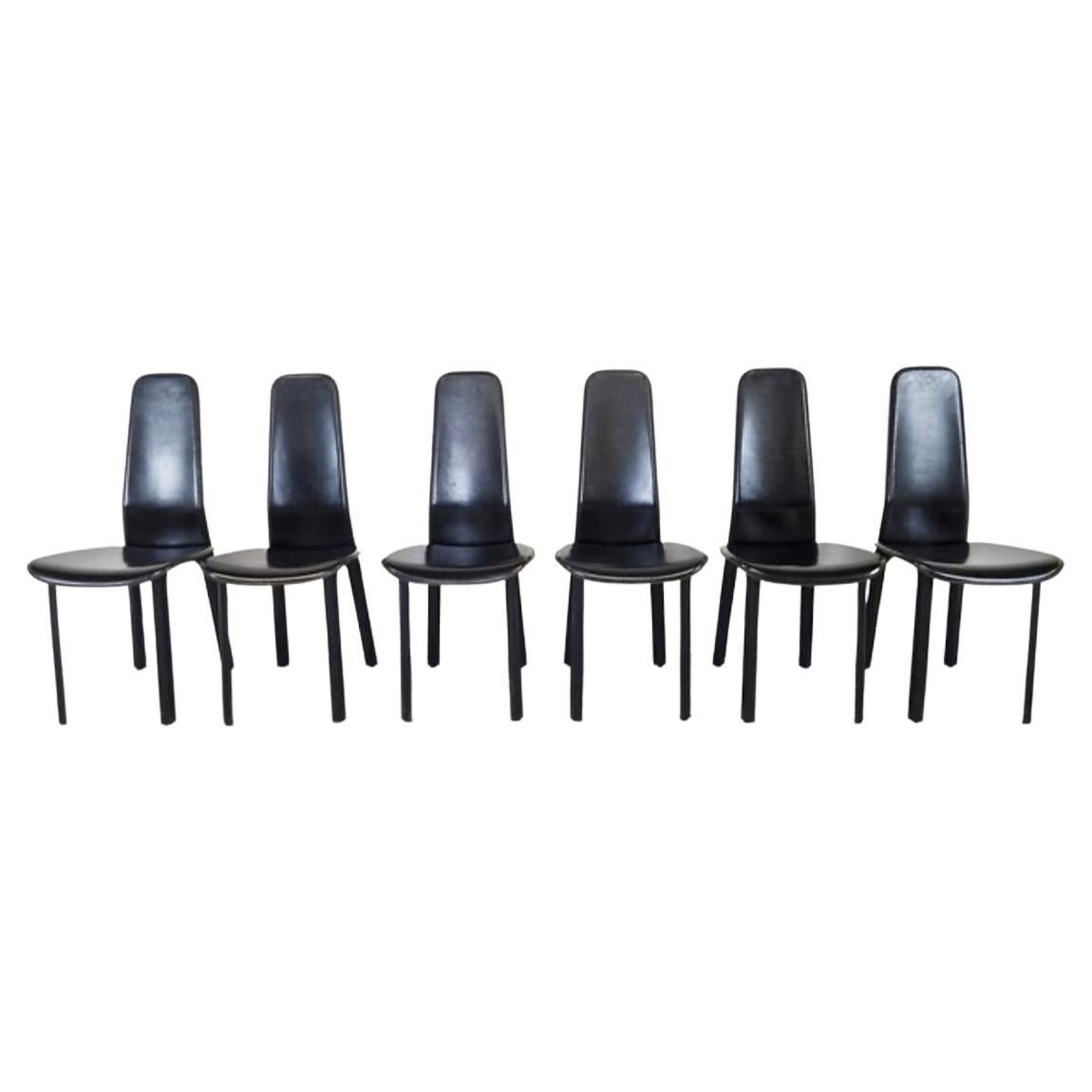 Einzigartige Esszimmerstühle mit hoher Rückenlehne aus schwarzem Leder von Cidue, 6er-Set