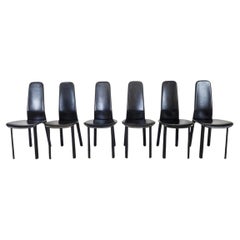 Black Leather High Back Unique Dining Chairs by Cidue 1980s, Set of 6