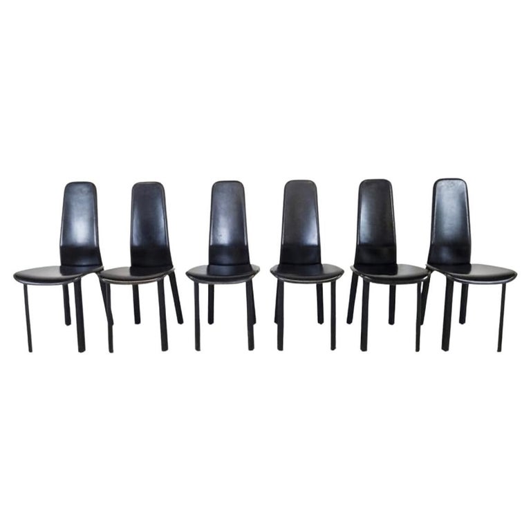 Black Leather High Back Unique Dining Chairs by Cidue 1980s, Set of 6 For Sale at 1stDibs