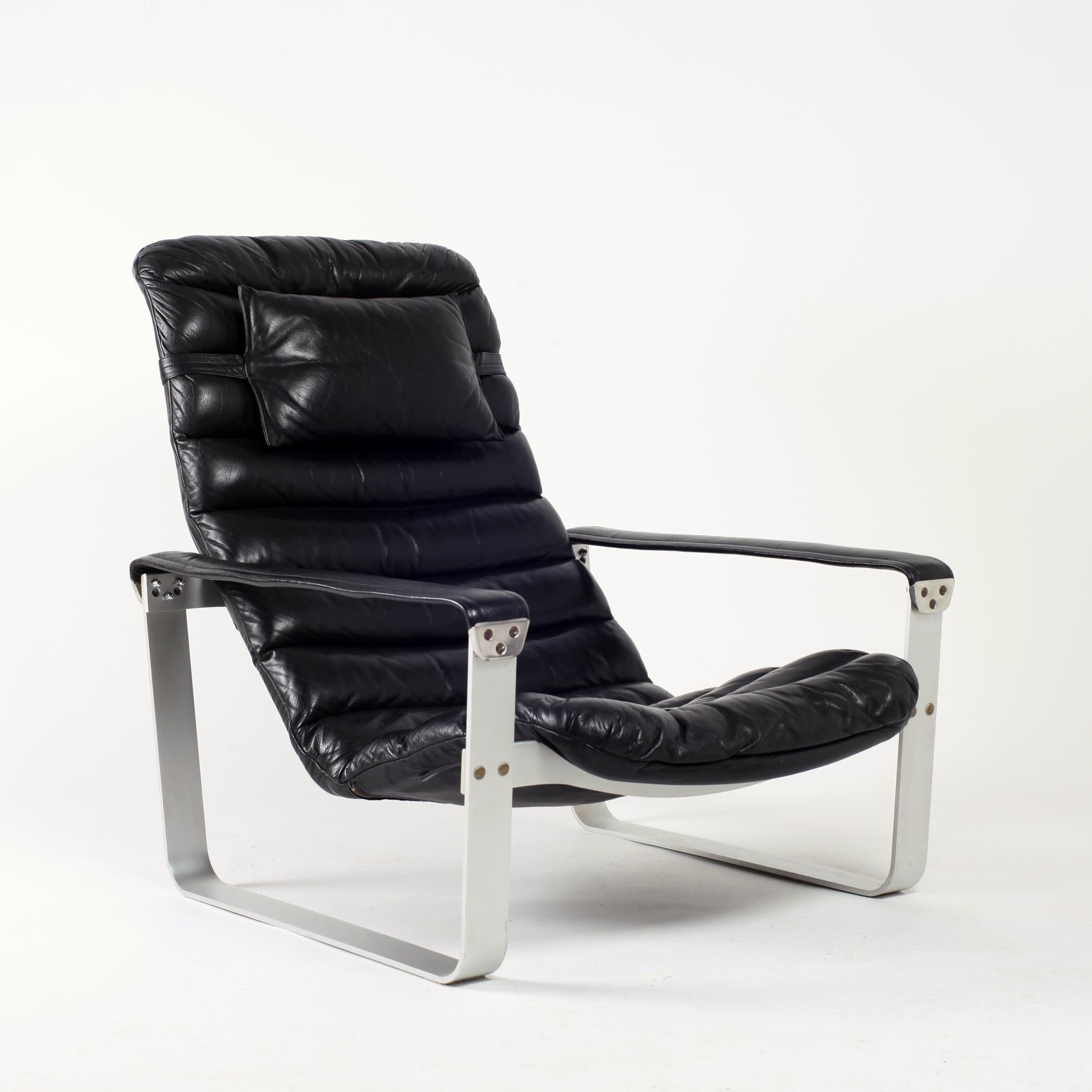 Black Leather Ilmari Lappalainen Adjustable Pulkka Lounge Chair, 1970s 3