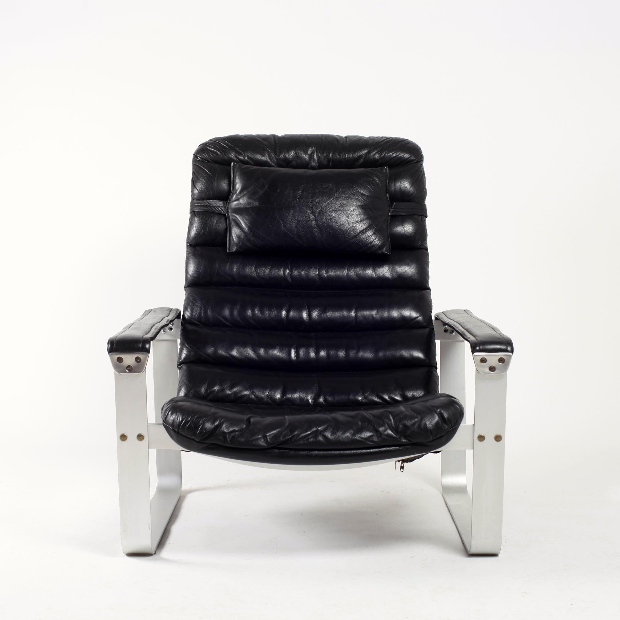Black Leather Ilmari Lappalainen Adjustable Pulkka Lounge Chair, 1970s 4