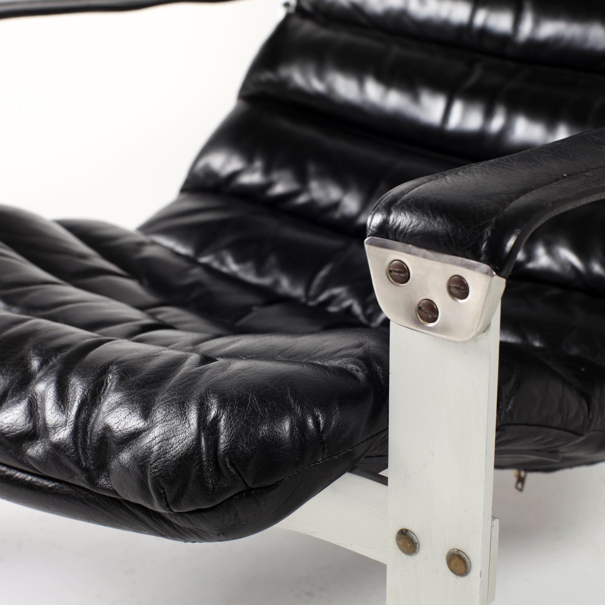 Black Leather Ilmari Lappalainen Adjustable Pulkka Lounge Chair, 1970s 5