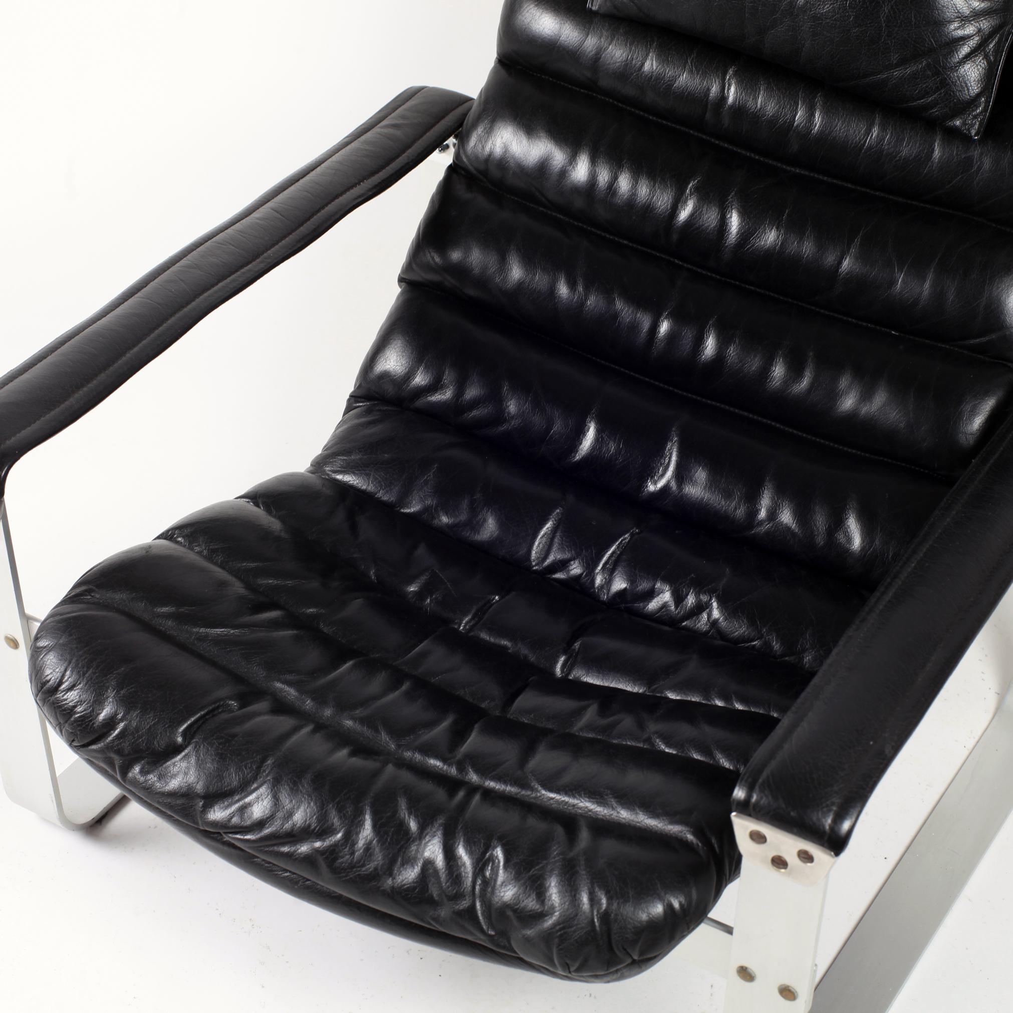 Black Leather Ilmari Lappalainen Adjustable Pulkka Lounge Chair, 1970s 6