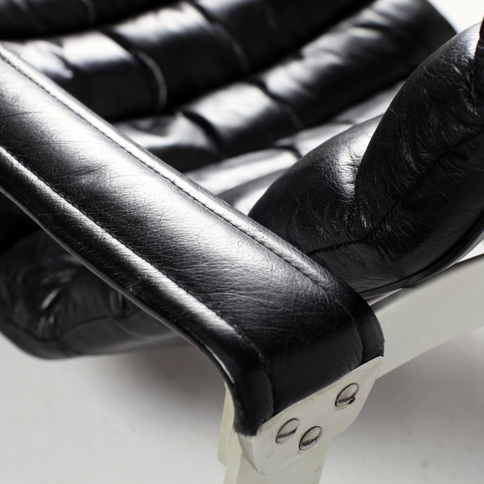 Black Leather Ilmari Lappalainen Adjustable Pulkka Lounge Chair, 1970s 10