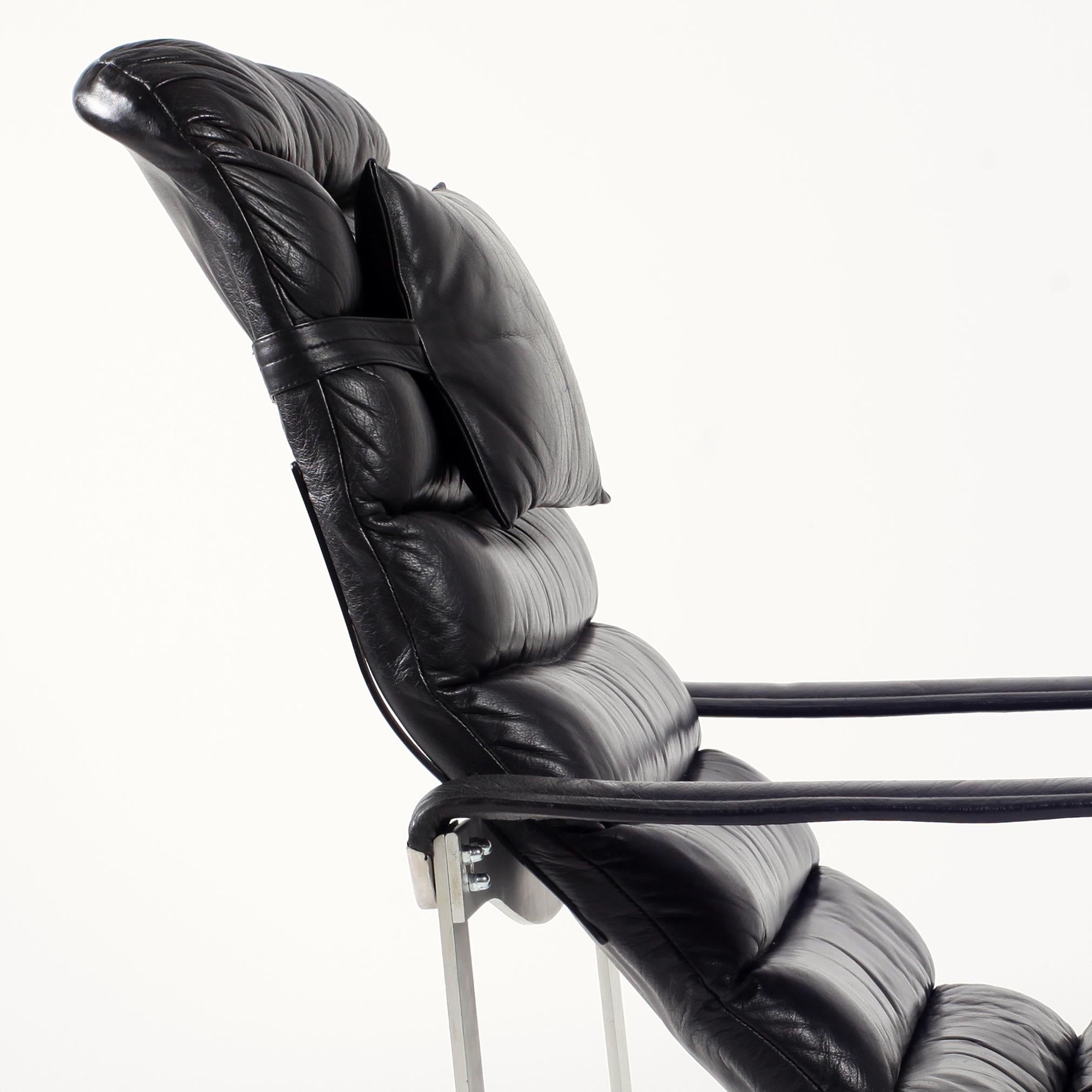 Black Leather Ilmari Lappalainen Adjustable Pulkka Lounge Chair, 1970s 10