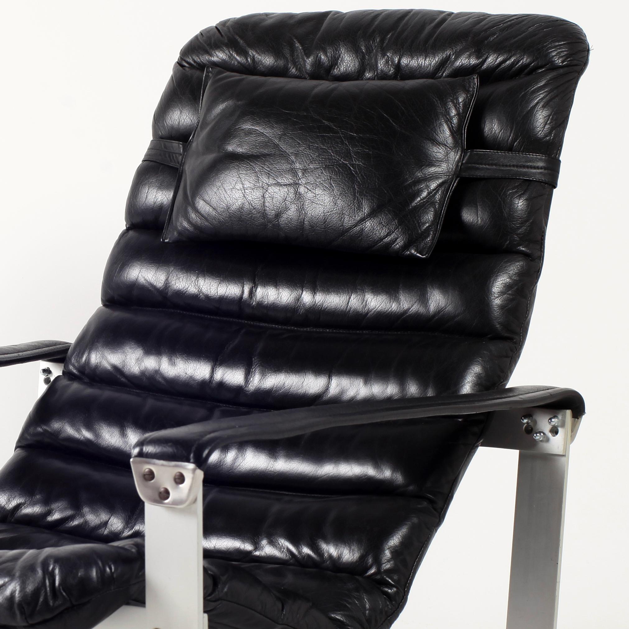 Black Leather Ilmari Lappalainen Adjustable Pulkka Lounge Chair, 1970s 12