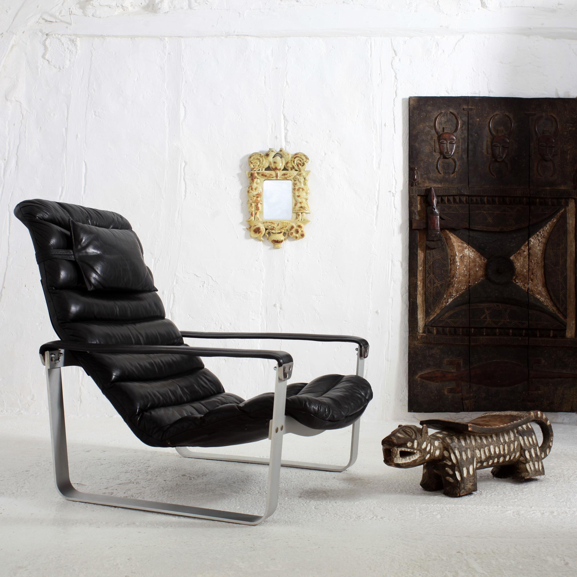 Black Leather Ilmari Lappalainen Adjustable Pulkka Lounge Chair, 1970s 13
