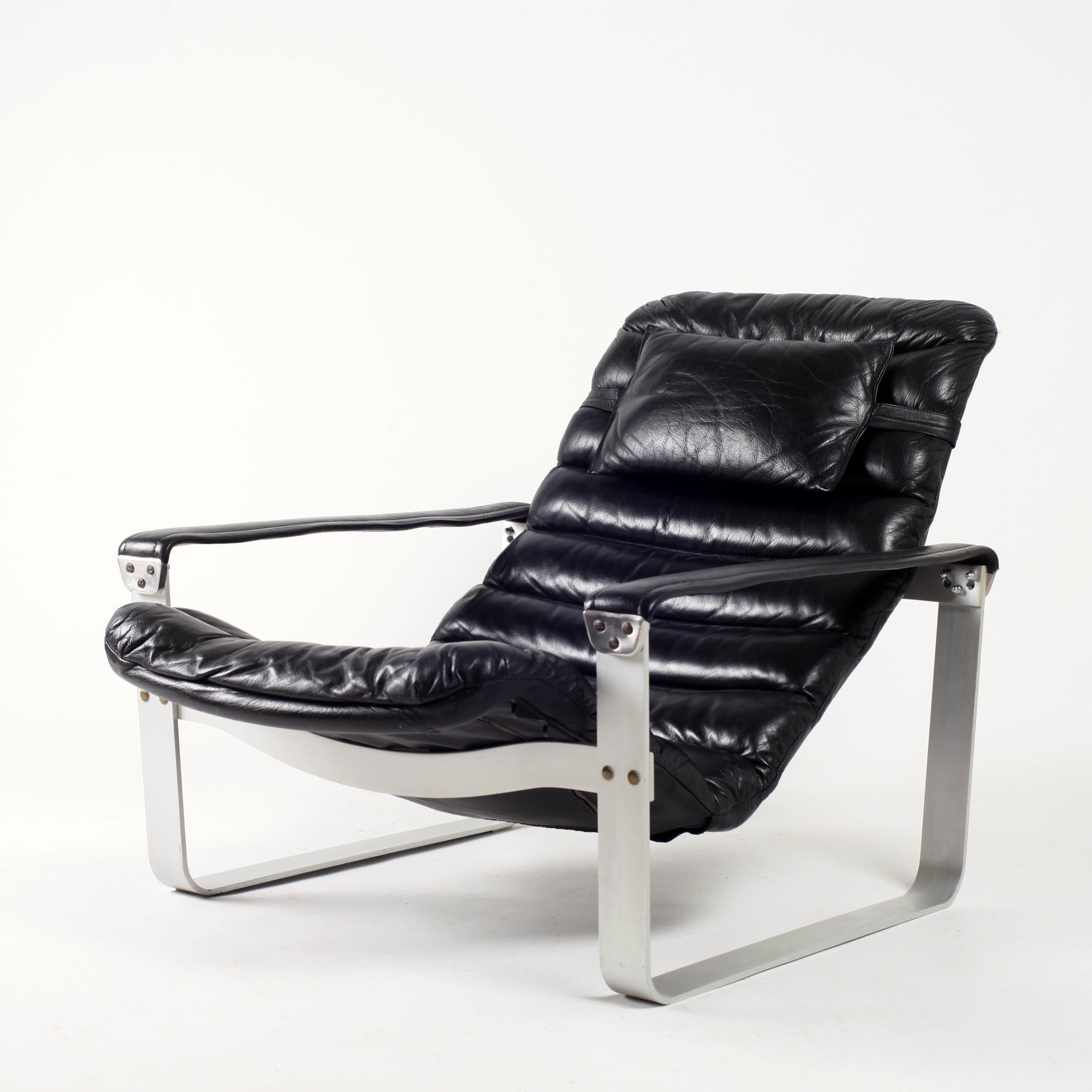 Mid-Century Modern Black Leather Ilmari Lappalainen Adjustable Pulkka Lounge Chair, 1970s