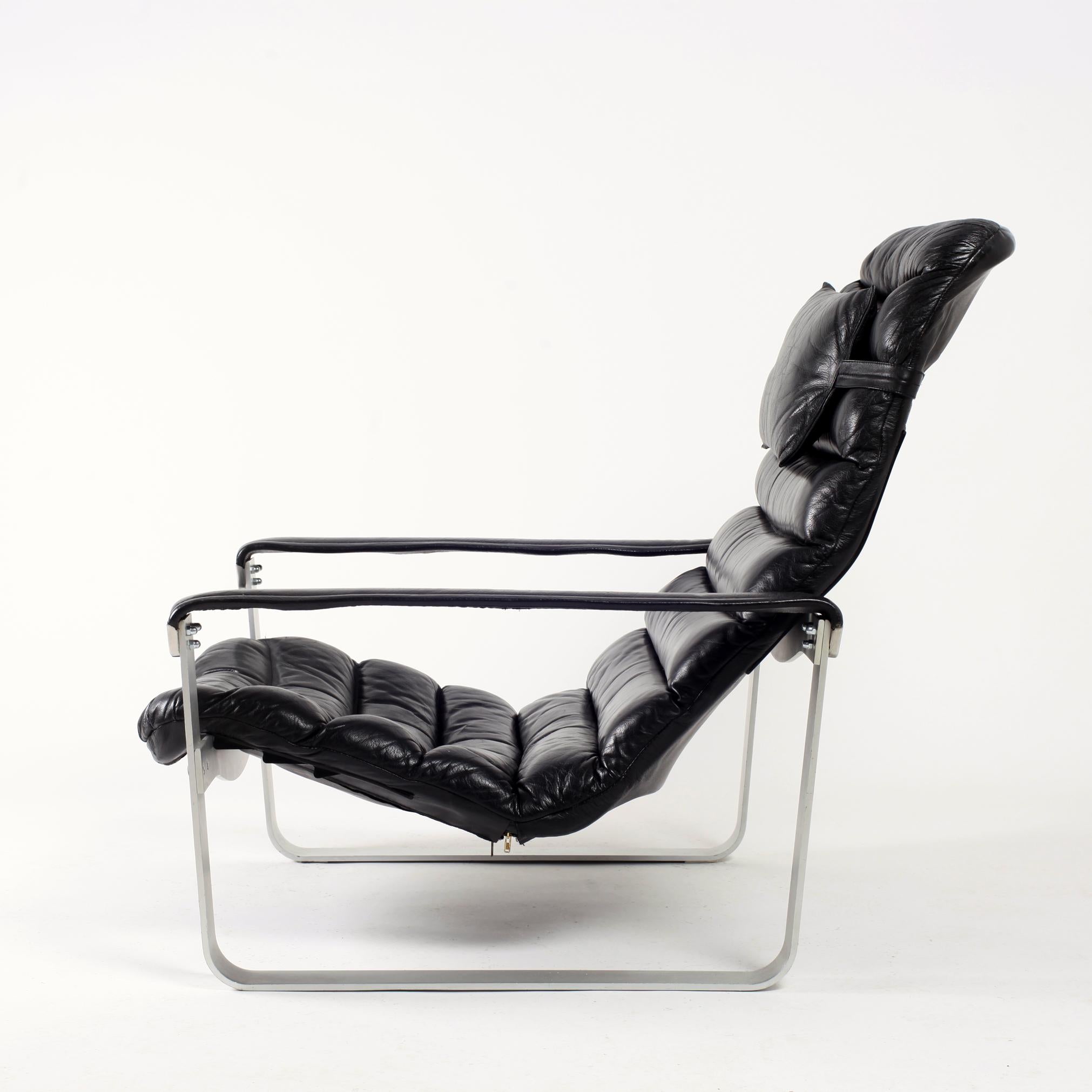 Finnish Black Leather Ilmari Lappalainen Adjustable Pulkka Lounge Chair, 1970s
