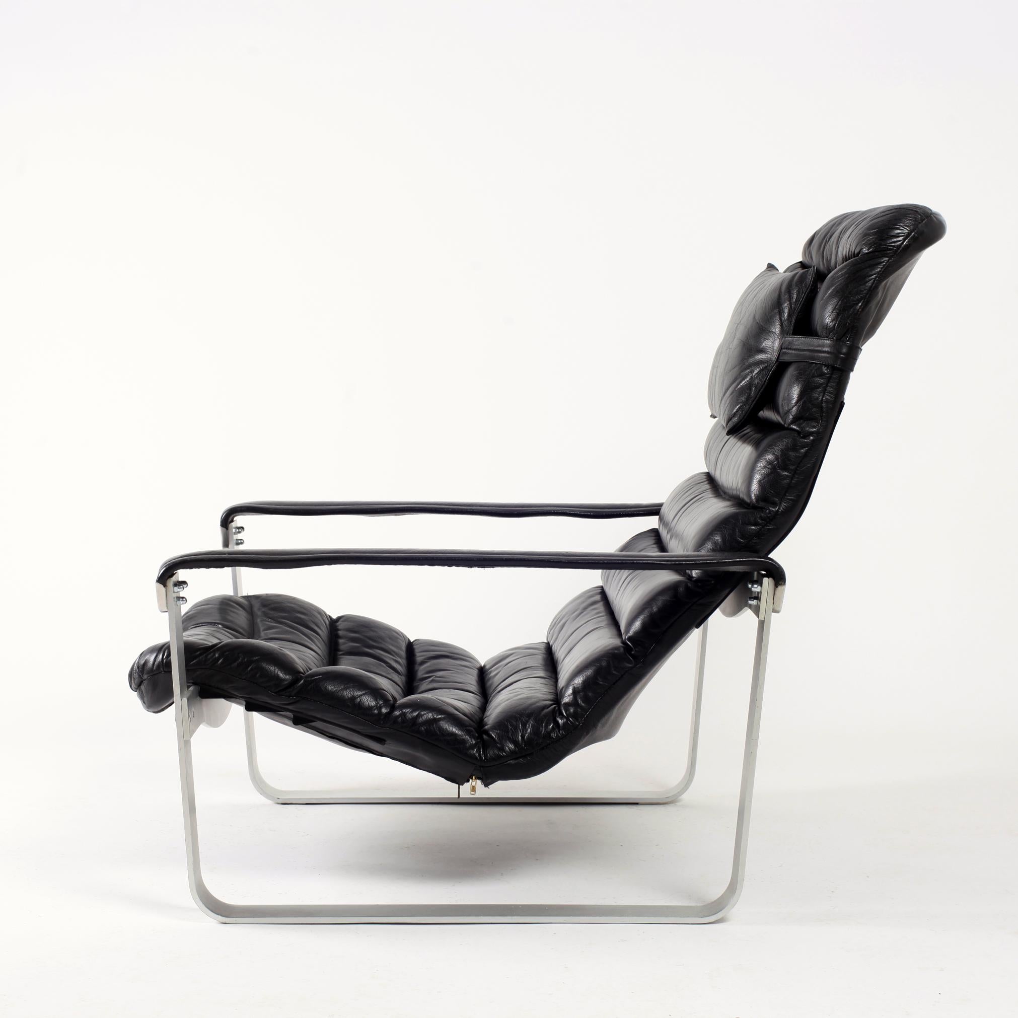 Mid-Century Modern Black Leather Ilmari Lappalainen Adjustable Pulkka Lounge Chair, 1970s