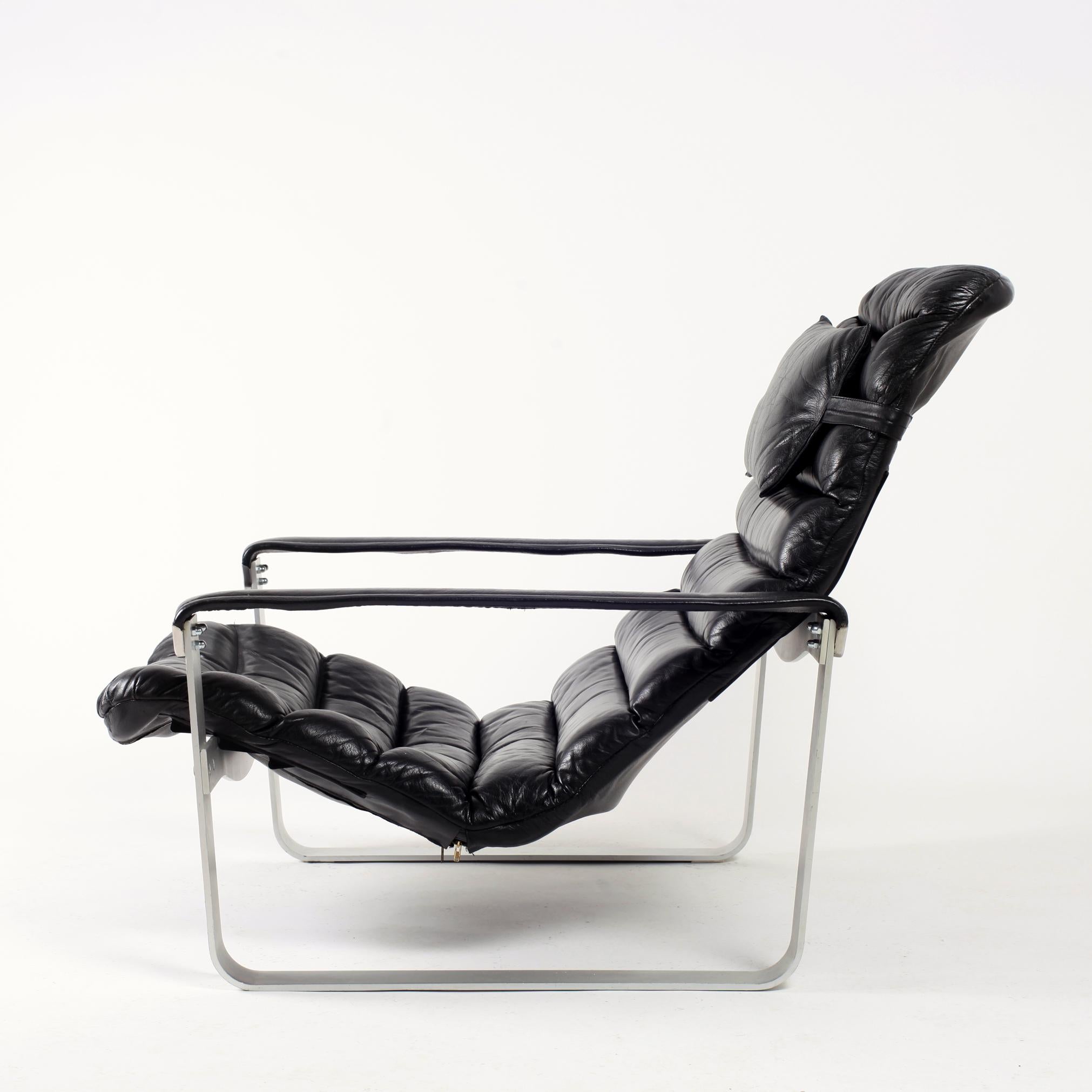 Black Leather Ilmari Lappalainen Adjustable Pulkka Lounge Chair, 1970s In Good Condition In Saint  Ouen, FR