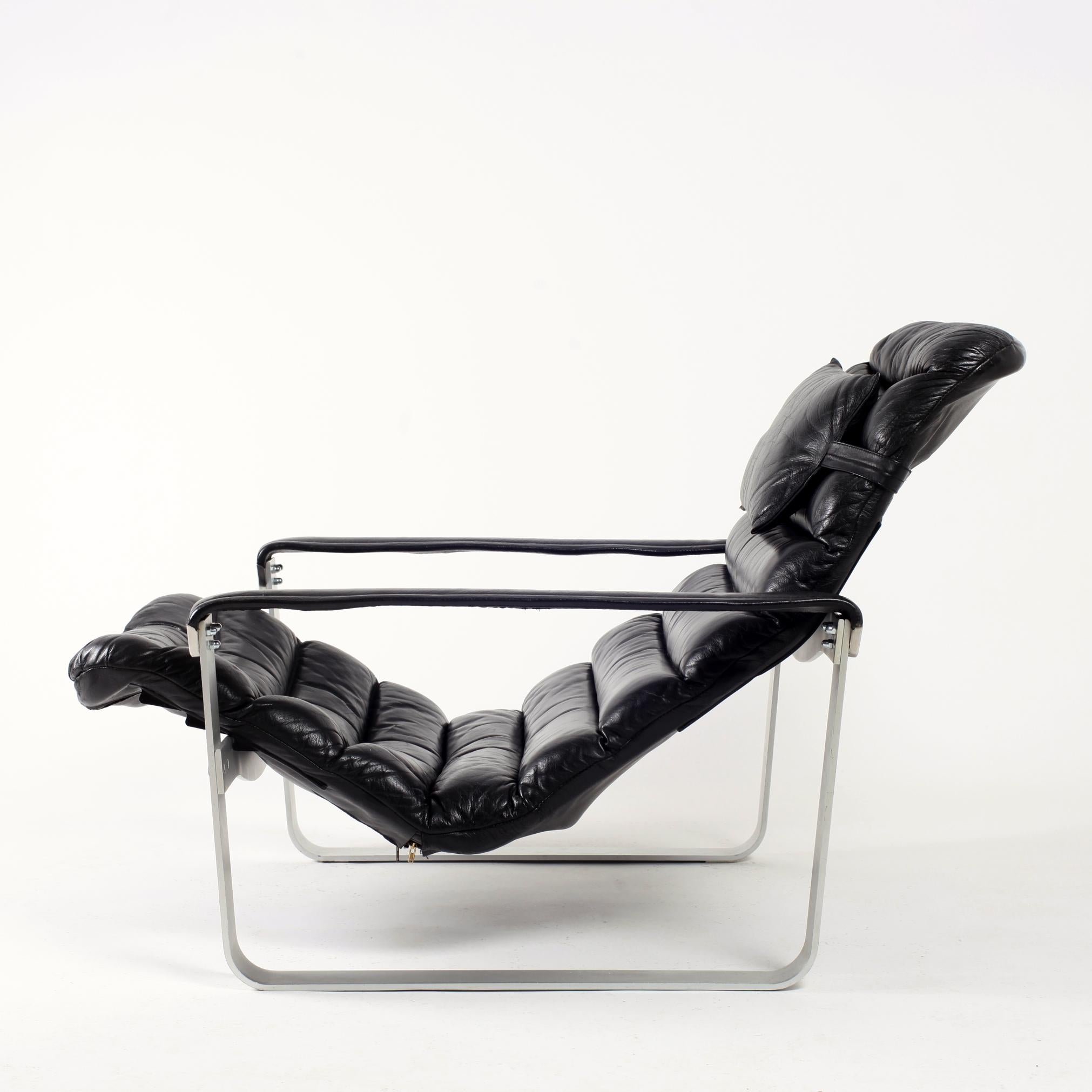 Late 20th Century Black Leather Ilmari Lappalainen Adjustable Pulkka Lounge Chair, 1970s