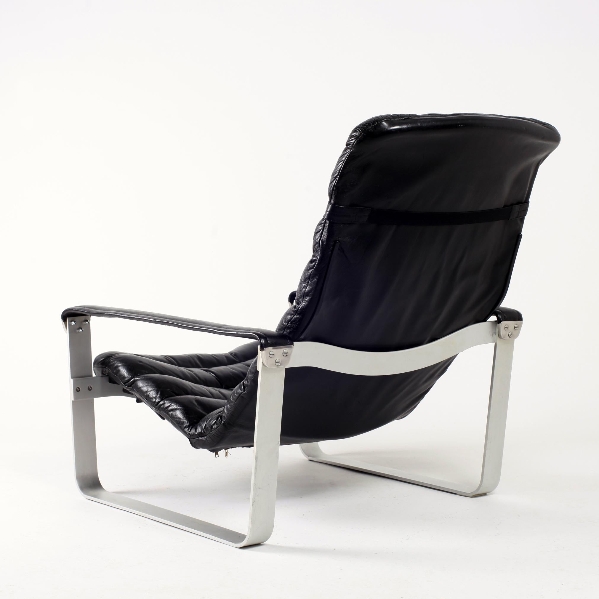 Aluminum Black Leather Ilmari Lappalainen Adjustable Pulkka Lounge Chair, 1970s