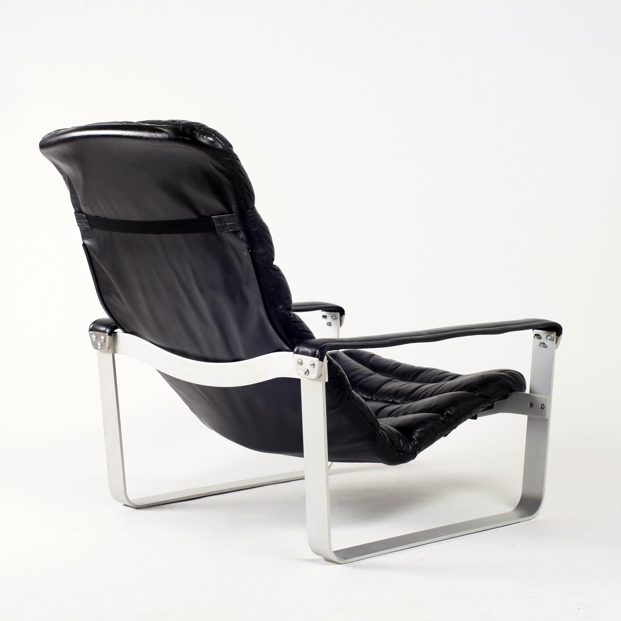 Black Leather Ilmari Lappalainen Adjustable Pulkka Lounge Chair, 1970s 1
