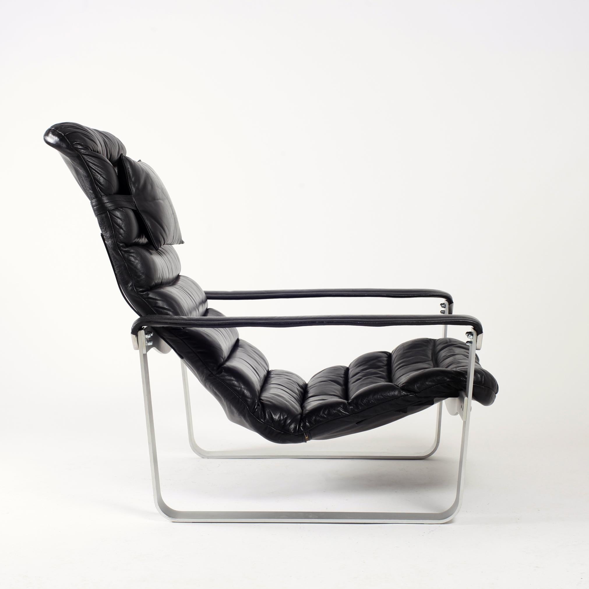 Black Leather Ilmari Lappalainen Adjustable Pulkka Lounge Chair, 1970s 2