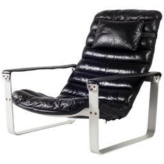 Black Leather Ilmari Lappalainen Adjustable Pulkka Lounge Chair, 1970s