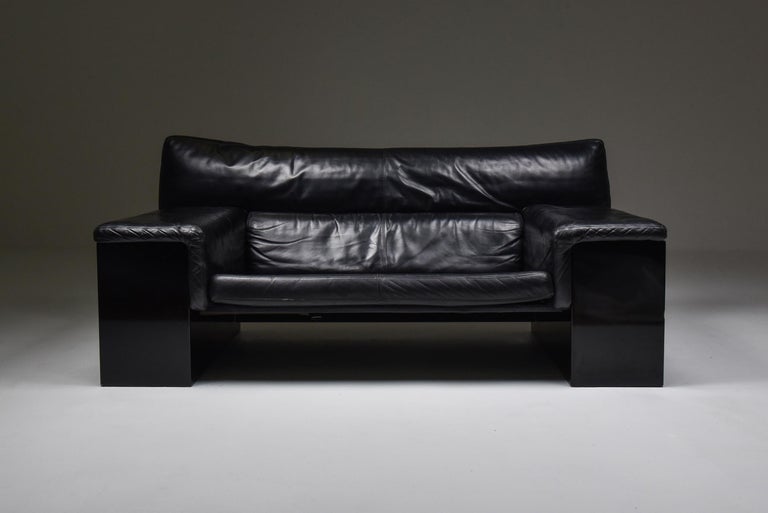 Black Leather Italian Design Cini Boeri 'Brigadier' Loveseats for Knoll For Sale 1