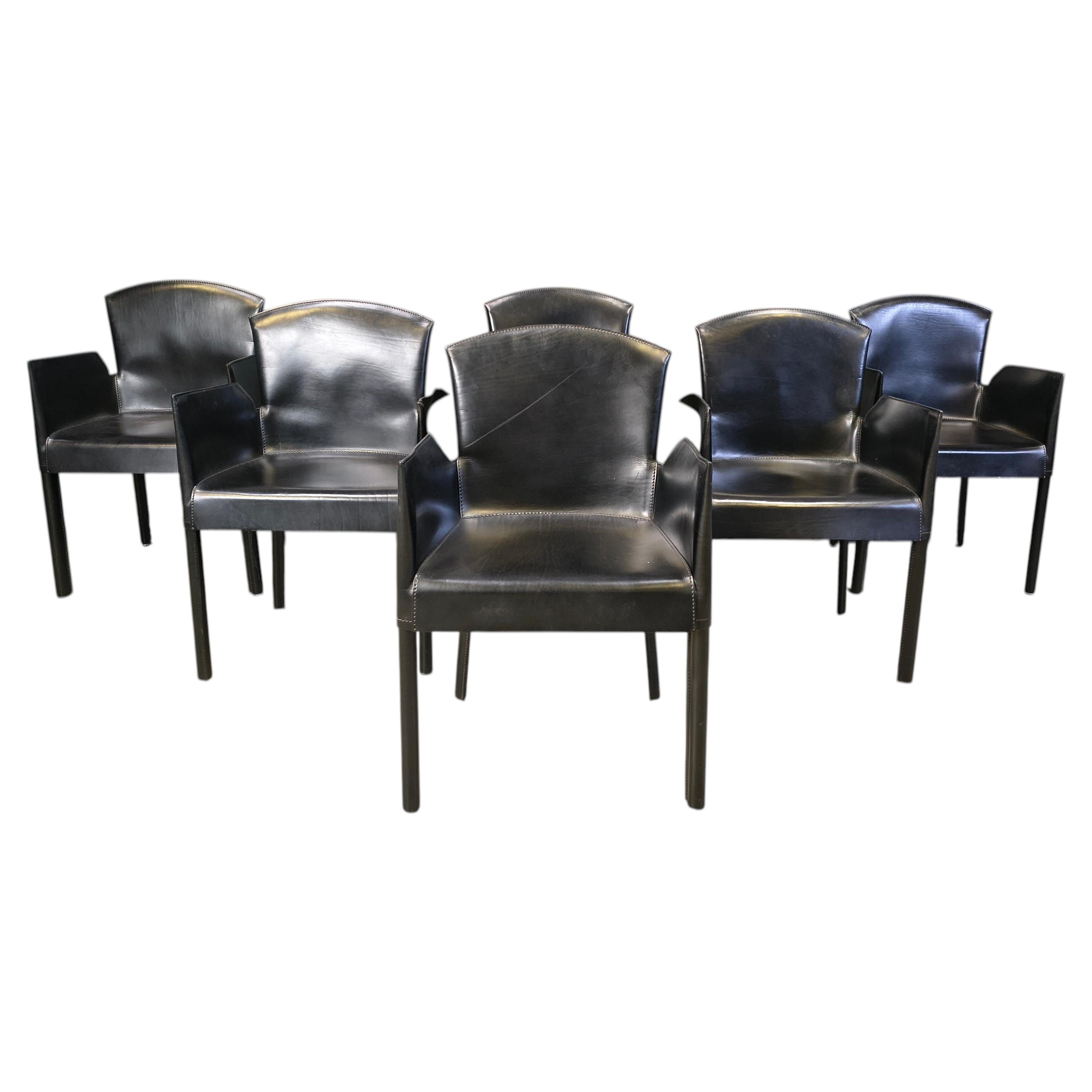 Black leather italian dining chairs, 1980s - set of 6