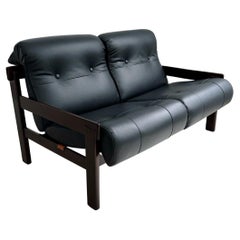 Black Leather & Jacaranda Two Seater Sofa by Jean Gillon for Italma Wood Art