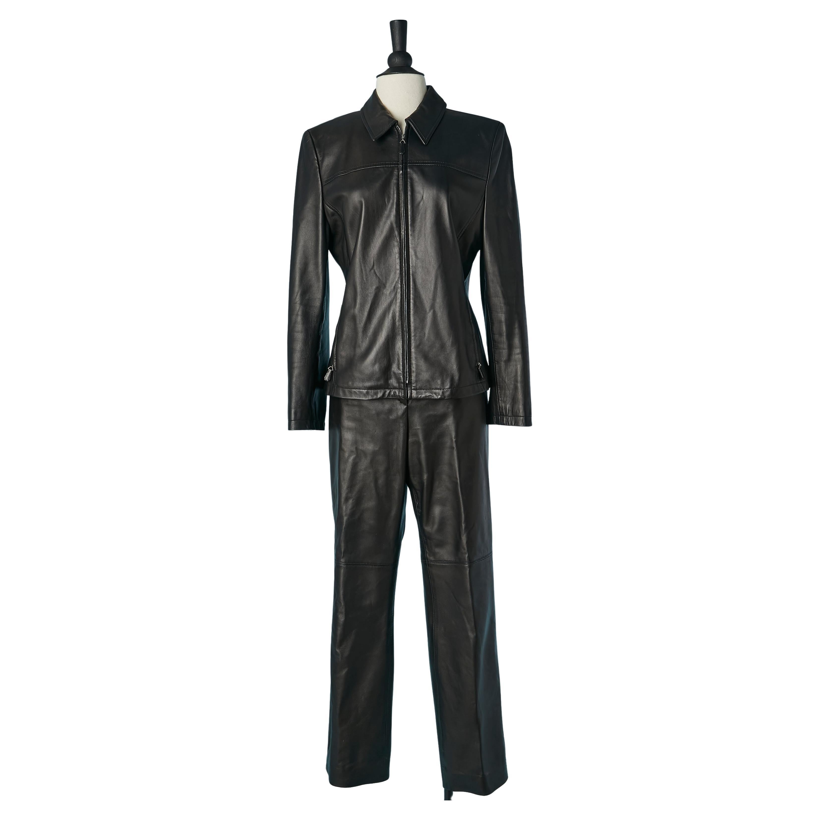 Black leather jacket and trouser ensemble ESCADA im Angebot