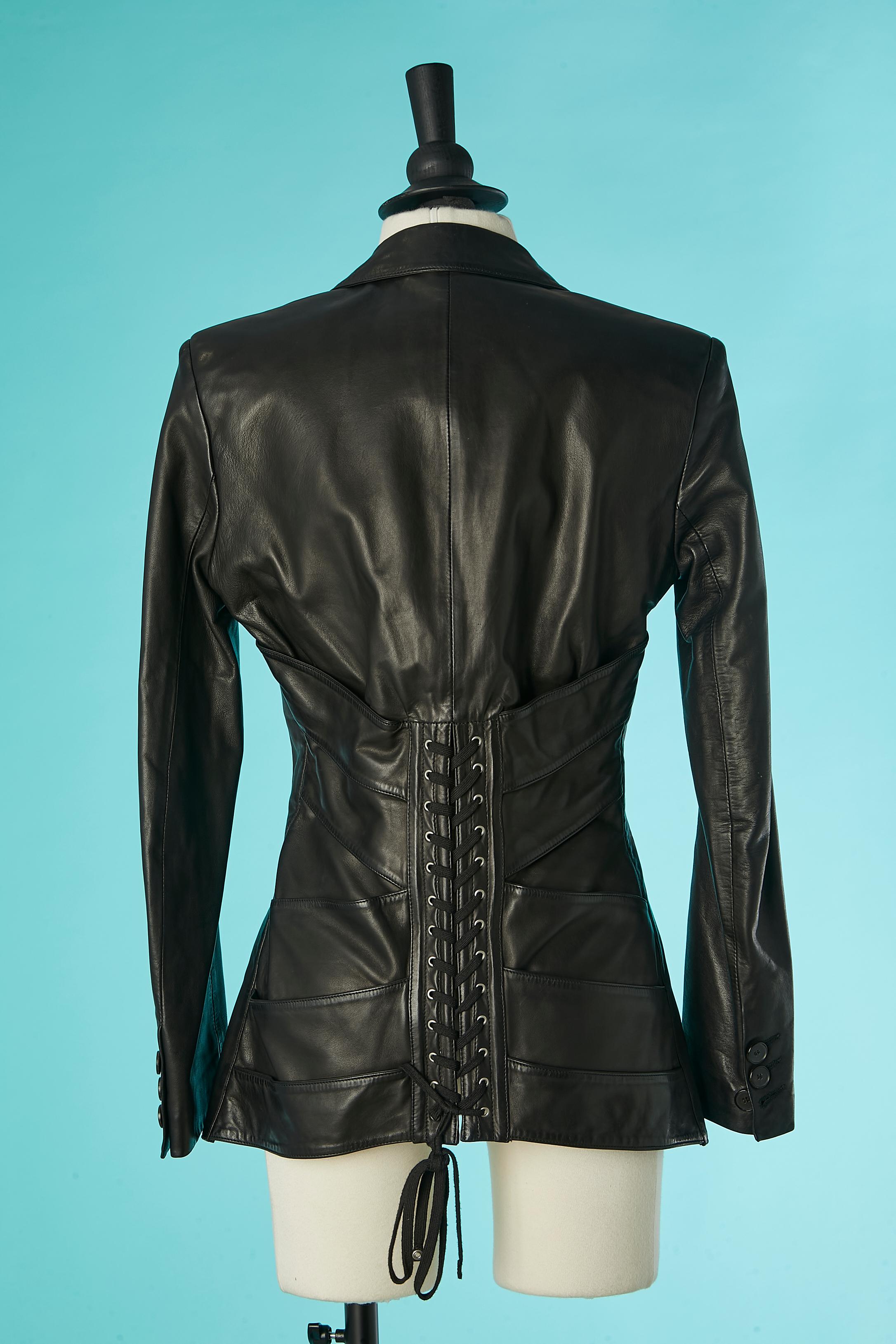 Black leather jacket with cut-work and back laces Jean-Paul Gaultier Femme For Sale 1