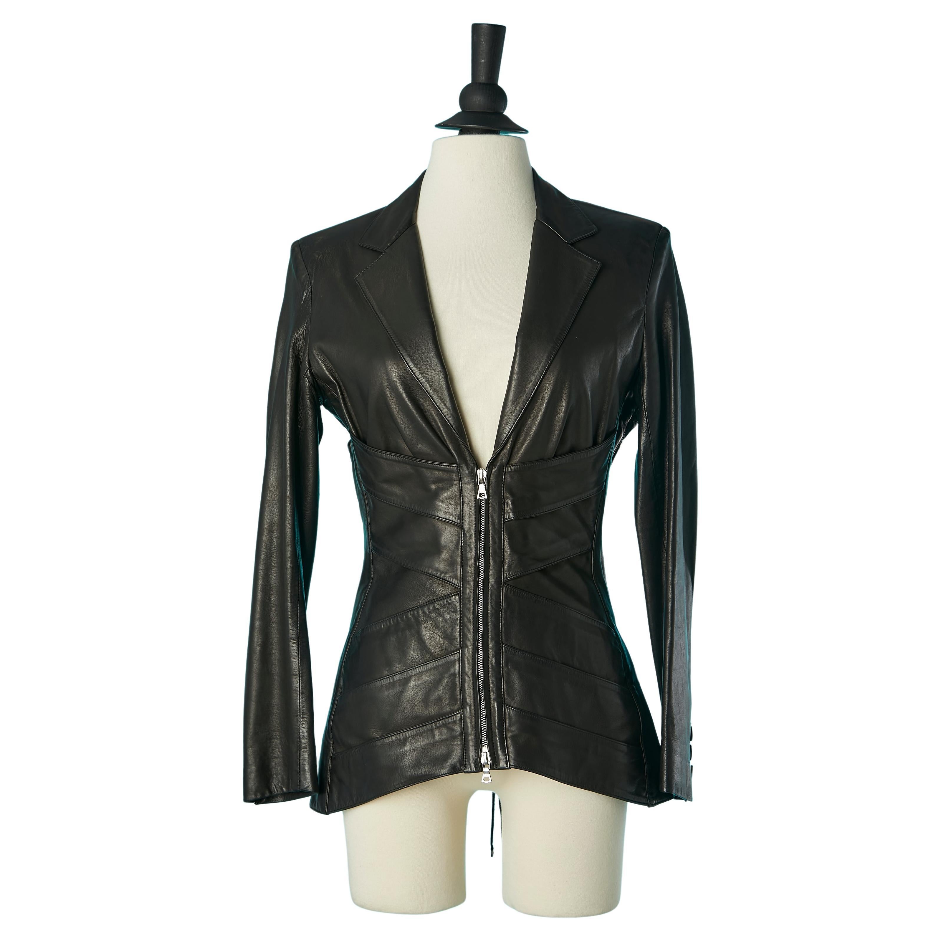 Black leather jacket with cut-work and back laces Jean-Paul Gaultier Femme For Sale