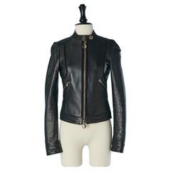 Black leather jacket with felt inset and cut work VERSACE COLLECTION