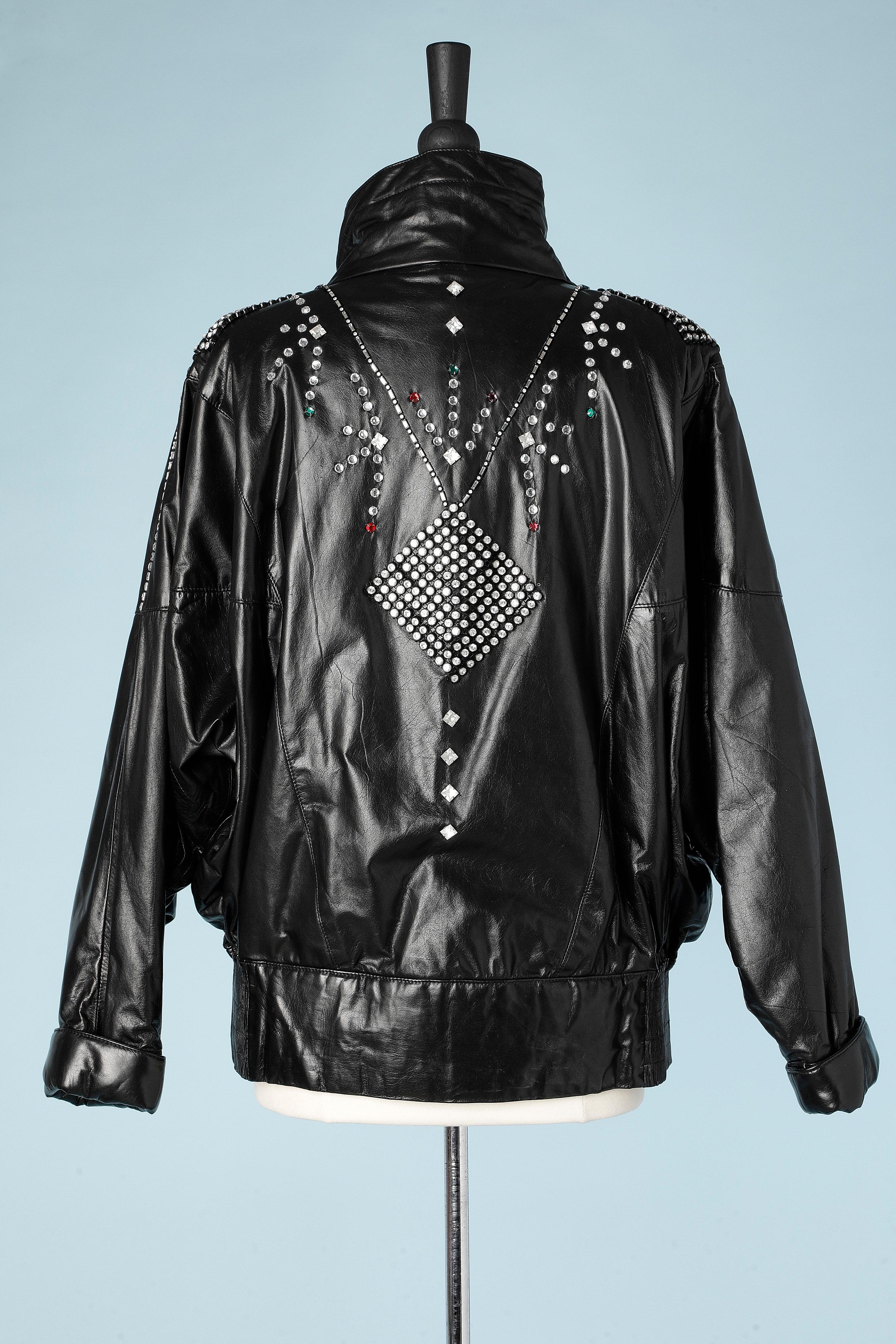 Black leather jacket with rhinestone Jacques Laurent In Excellent Condition In Saint-Ouen-Sur-Seine, FR