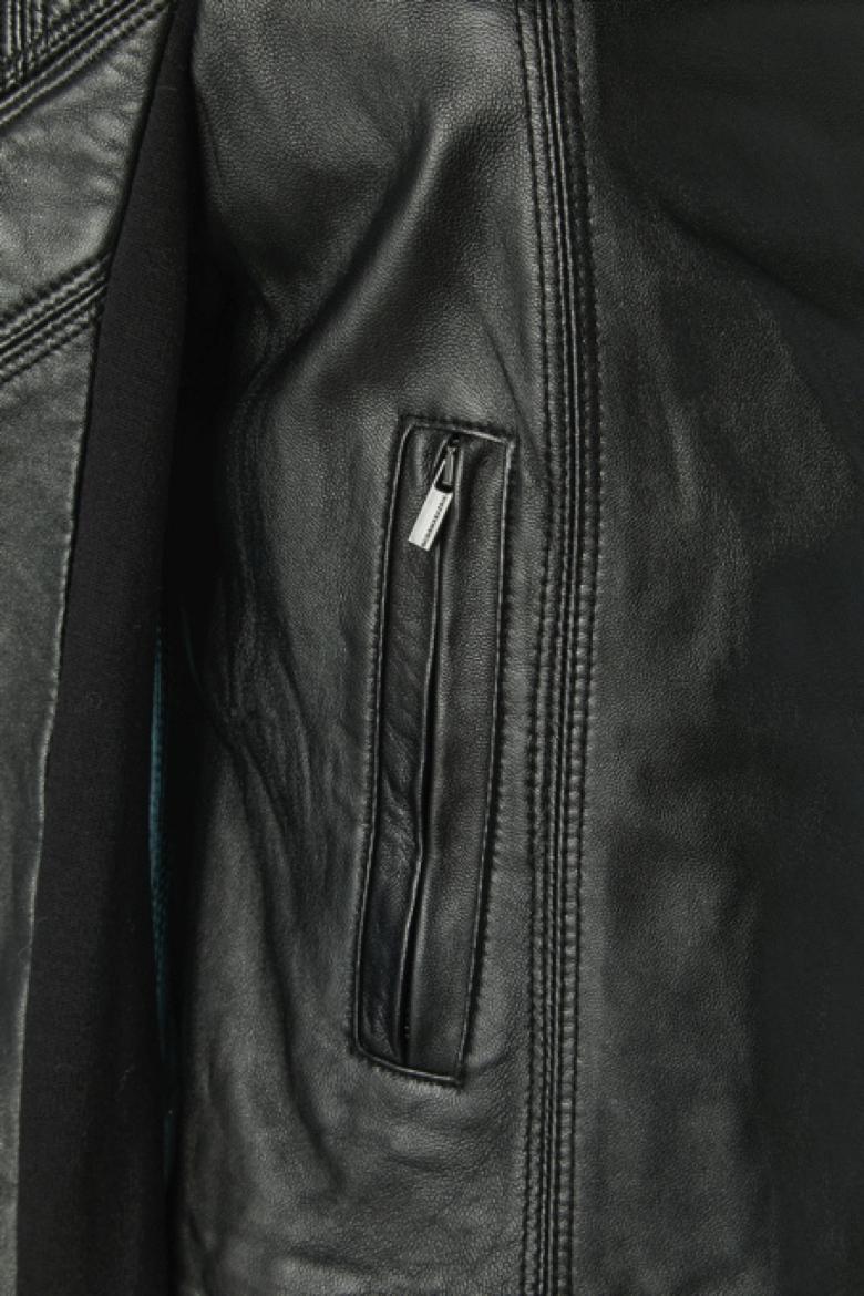 Black lamb leather jacket with top-stitching and jersey under the sleeve. Jersey composition: 65% rayon, 30% nylon, 5% spandex. Lining composition: cotton & nylon. 
Shoulder pad. Zip closure on the front side. Zip closure on both pocket. 
SIZE M 