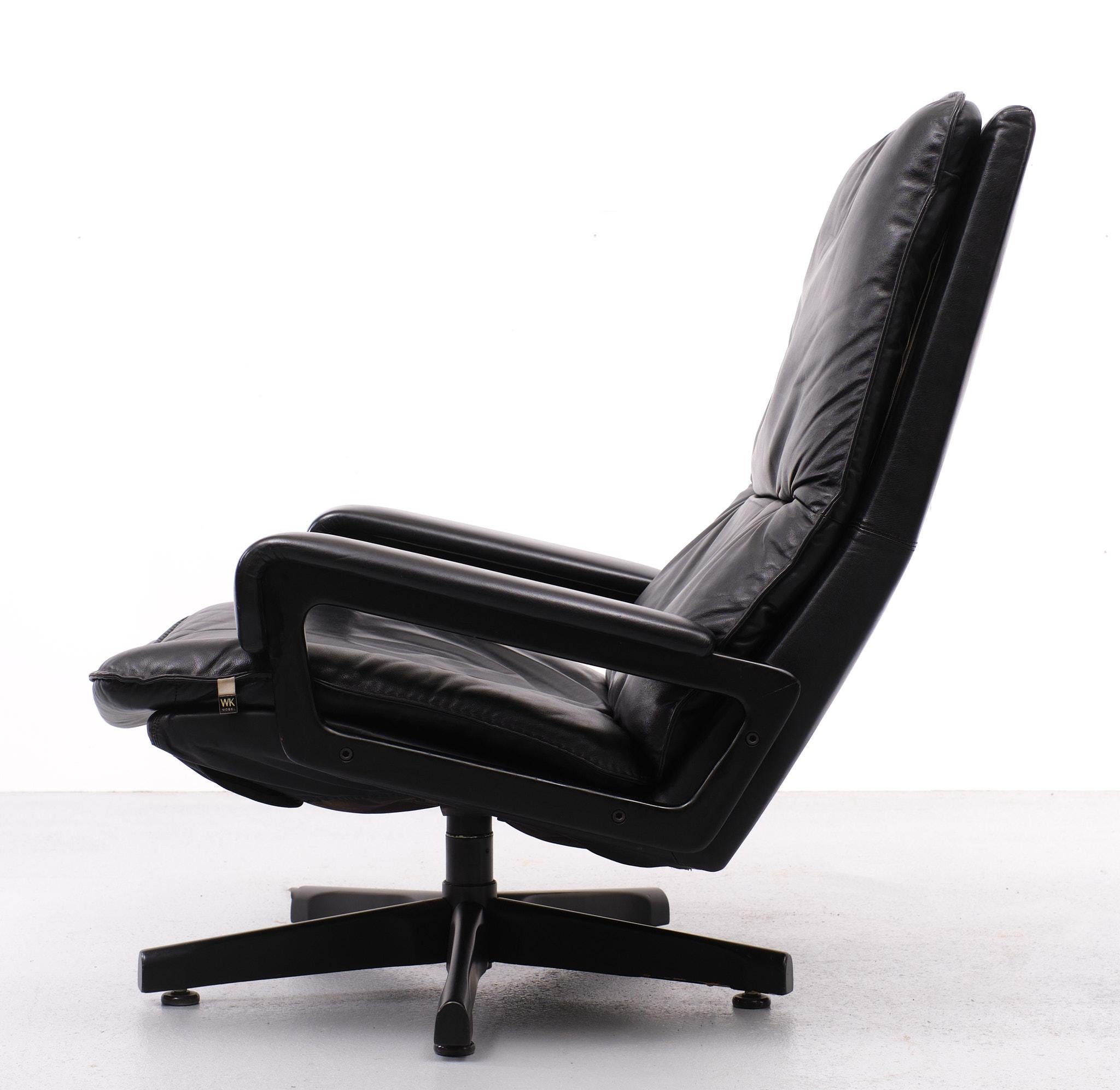 Swiss Black Leather King Chair+Hocker by André Vandenbeuck for WK Mobel, 1960s