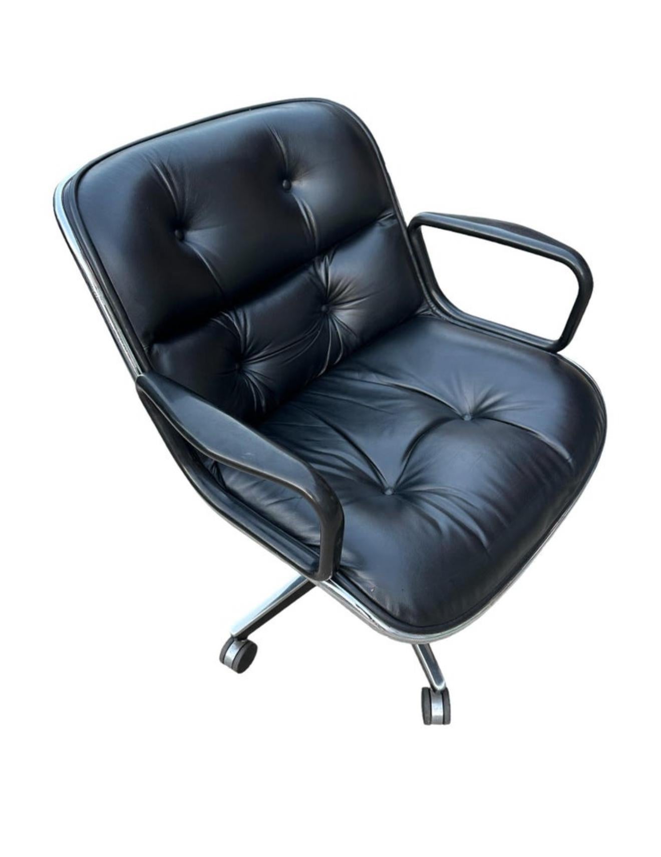Classic black leather desk chair by Charles Pollock and manufactured by Knoll. Executed in black leather and steel base. No tears or missing buttons or screws. Leather in good condition with even black color and sheen. Chrome tube in good shape.