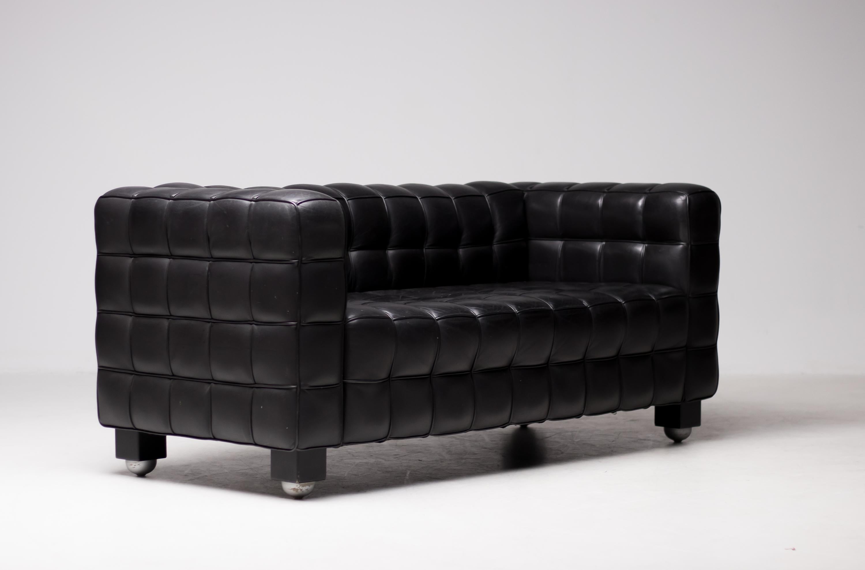 Mid-Century Modern Black Leather Kubus Sofa by Josef Hoffman for Wittmann