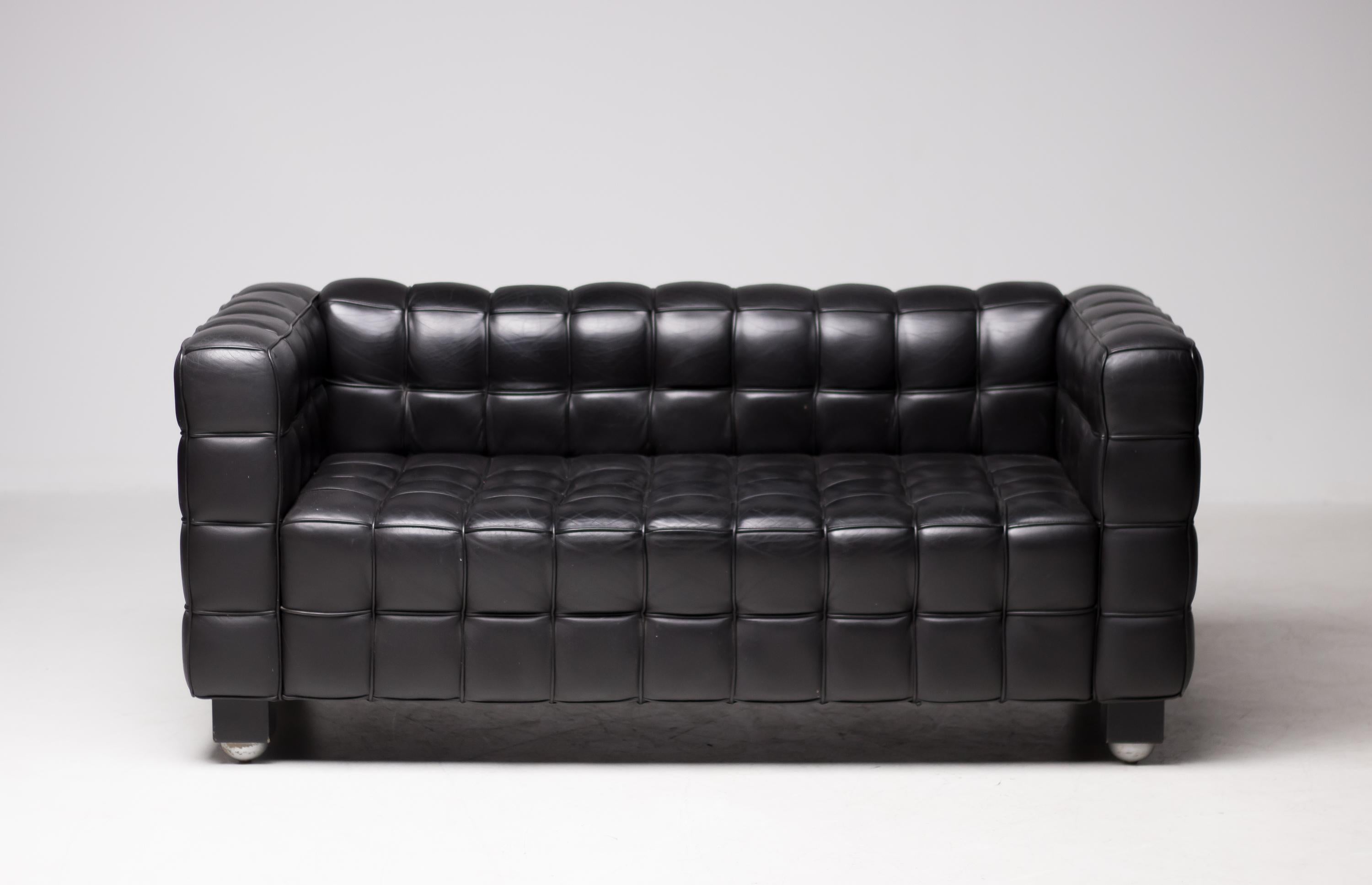 Stained Black Leather Kubus Sofa by Josef Hoffman for Wittmann