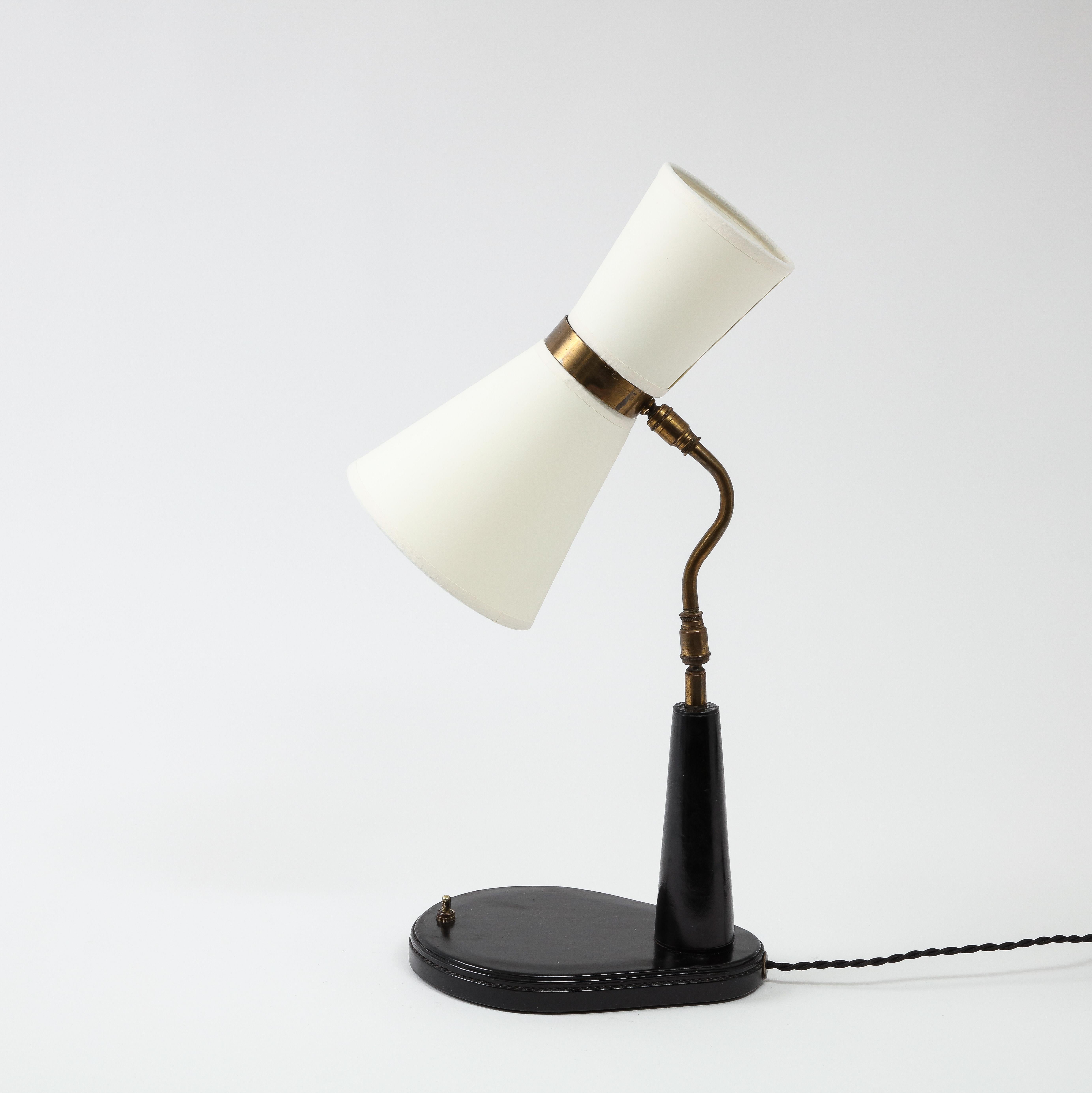 Lancel desk lamp in black leather with 3-way adjustable head. Custom shade included and rewired with a silk cord, a period style plug, and candelabra bulbs for 60W.