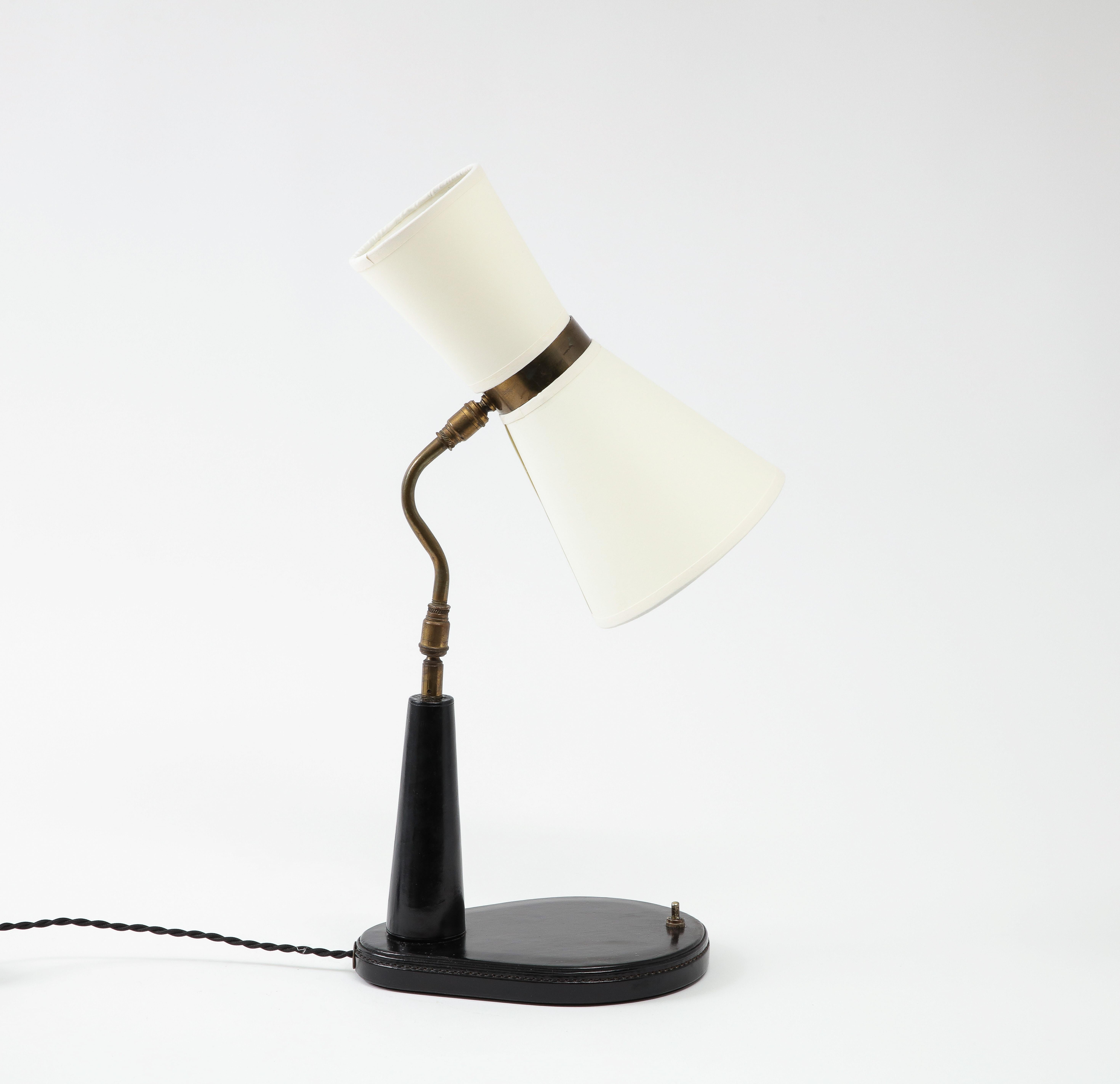 Black Leather Lancel Desk Lamp after Adnet, France 1960's In Good Condition In New York, NY